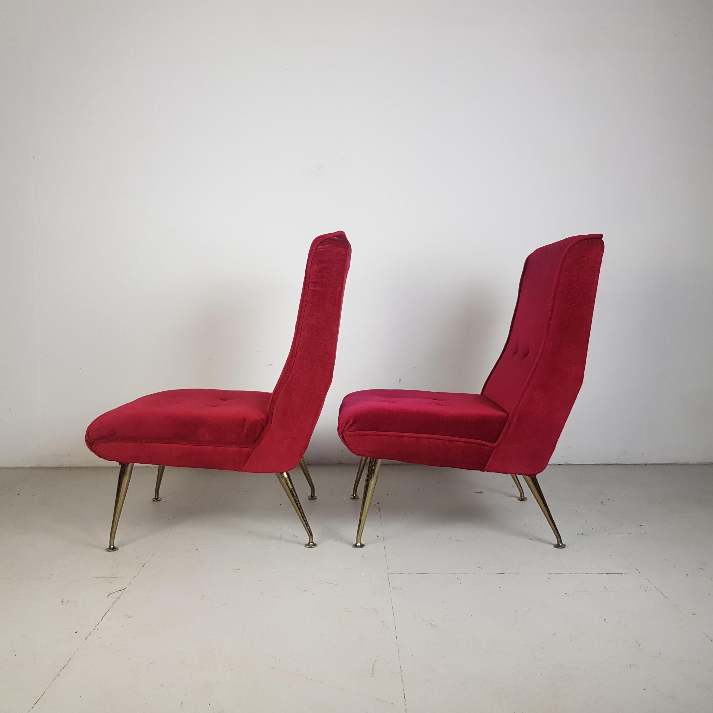 Fabric Vintage Midcentury Pair of 1950s Red Velvet and Brass Cocktail Chairs For Sale