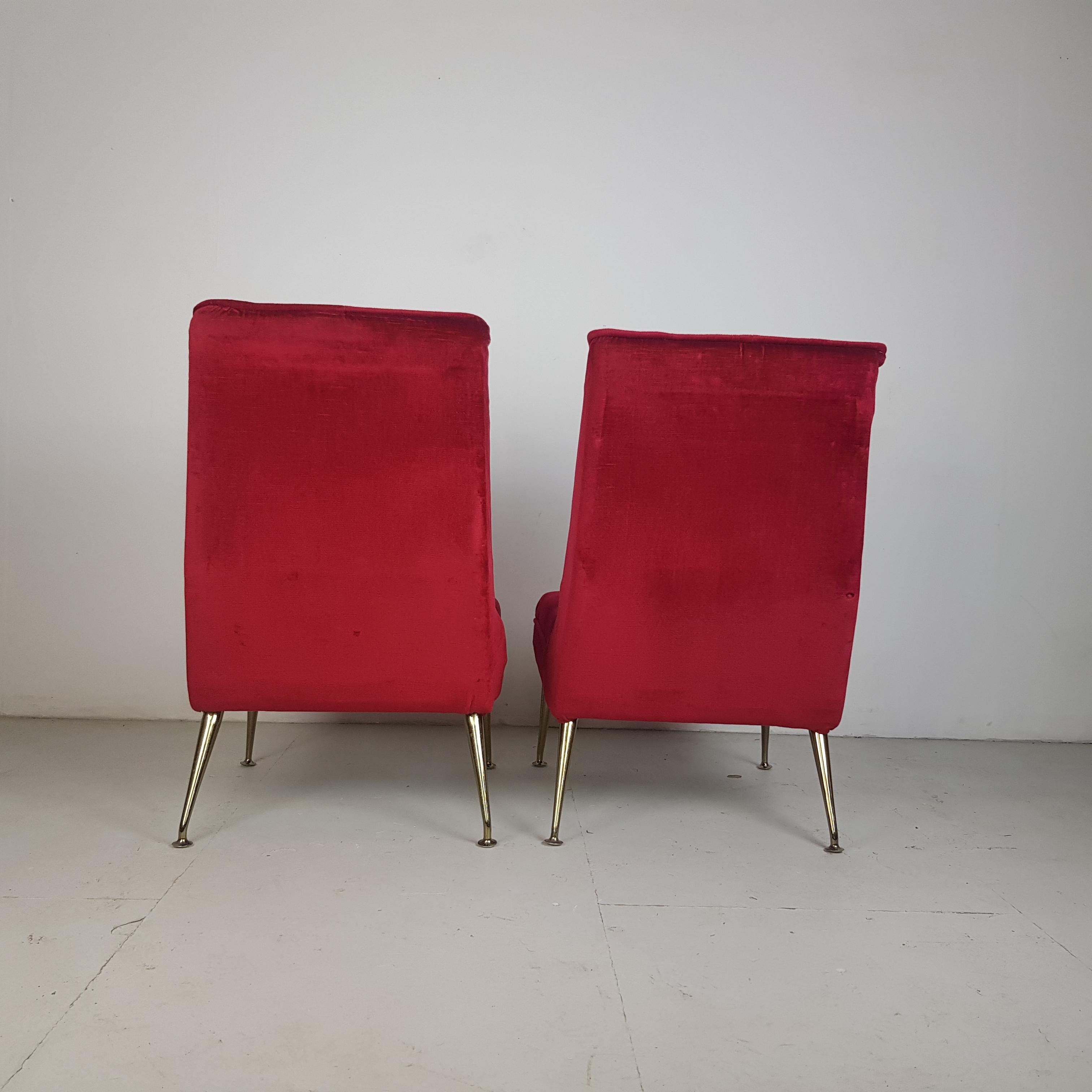 Vintage Midcentury Pair of 1950s Red Velvet and Brass Cocktail Chairs For Sale 1