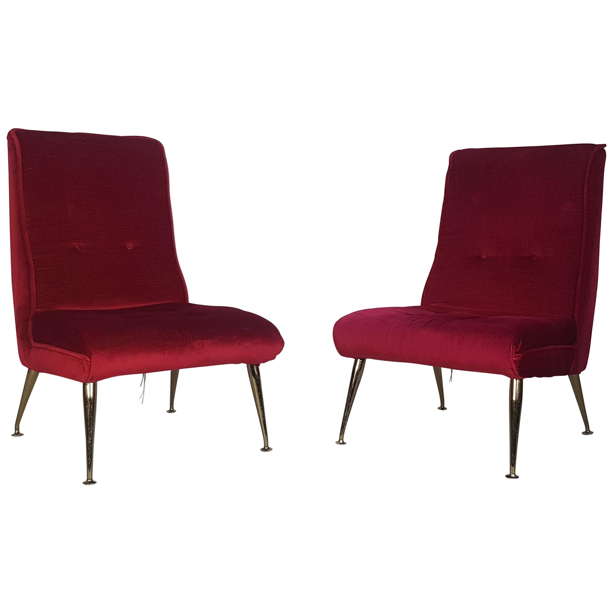 Vintage Midcentury Pair of 1950s Red Velvet and Brass Cocktail Chairs For Sale