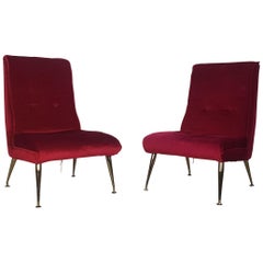 Vintage Midcentury Pair of 1950s Red Velvet and Brass Cocktail Chairs