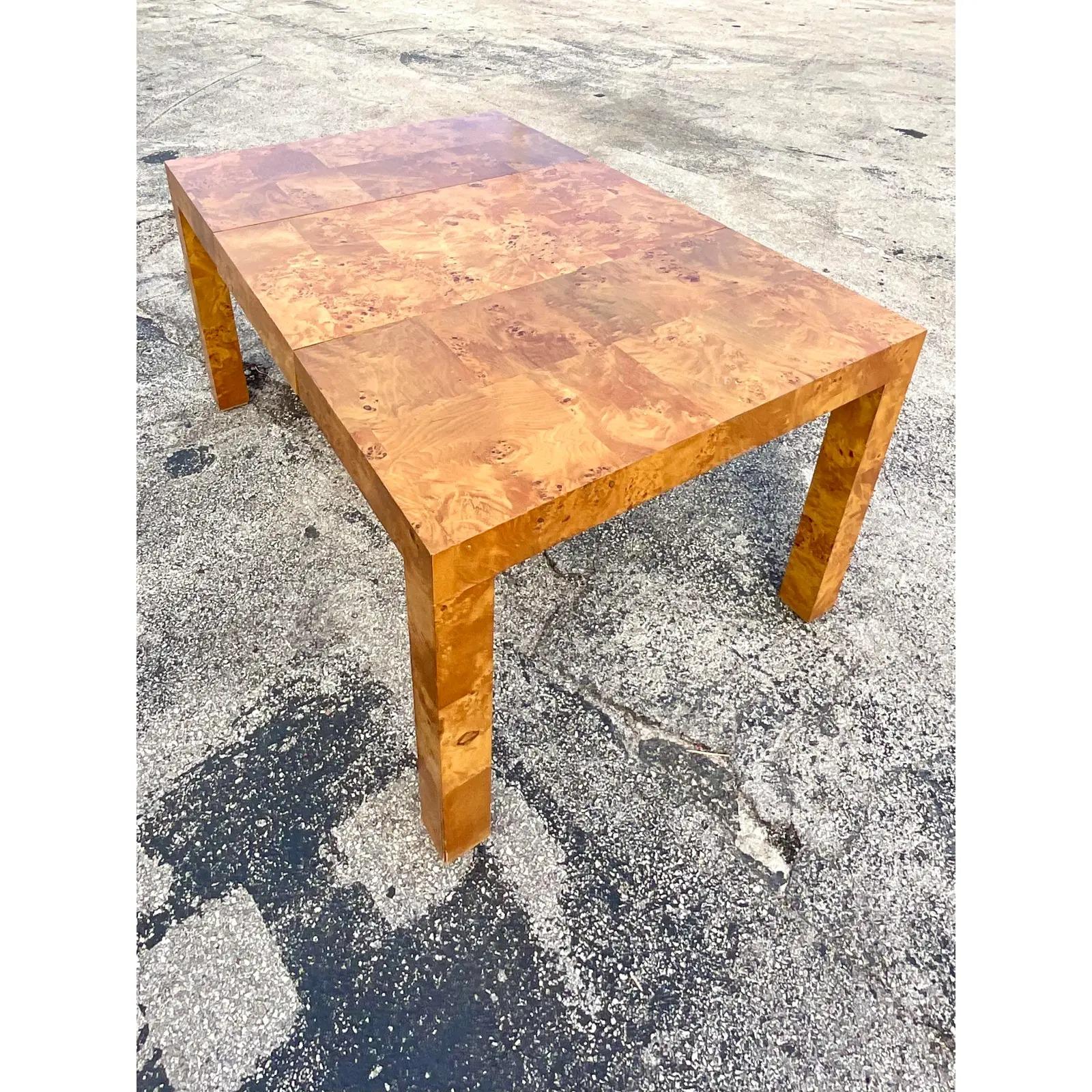 Vintage Midcentury Patchwork Burl Wood Parsons Dining Table After Milo Baughman 3