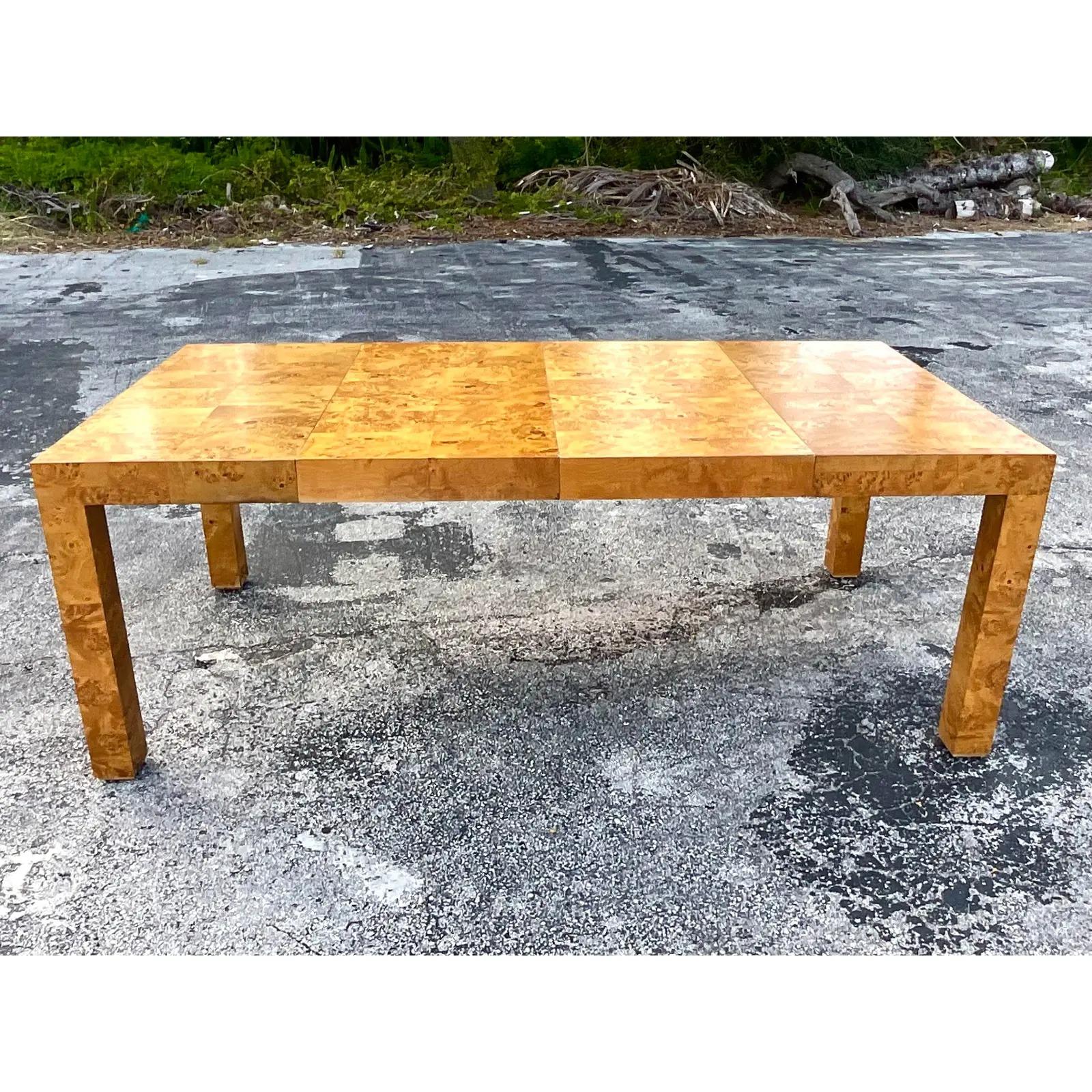 Vintage Midcentury Patchwork Burl Wood Parsons Dining Table After Milo Baughman 4