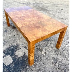 Vintage Midcentury Patchwork Burl Wood Parsons Dining Table After Milo Baughman