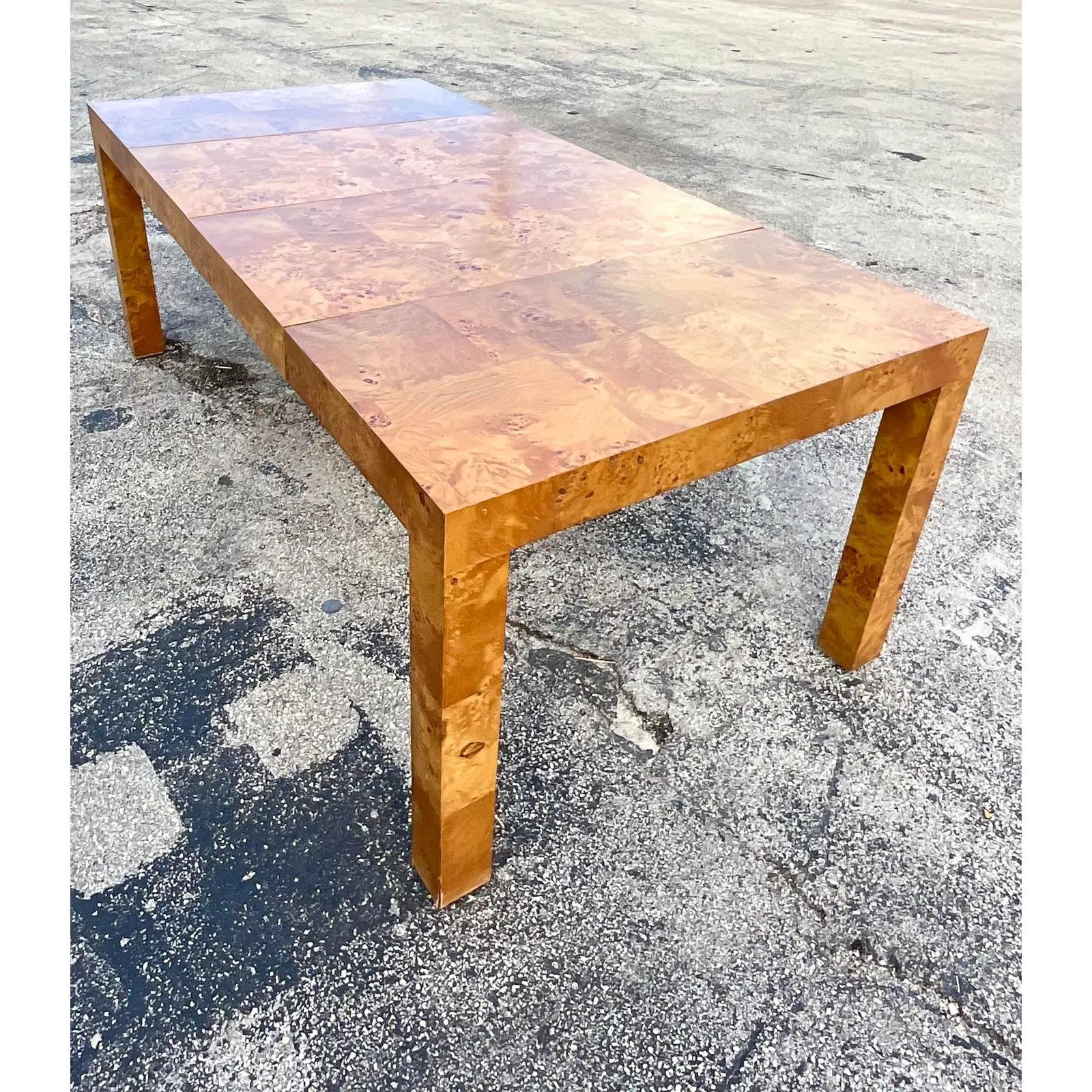 North American Vintage Midcentury Patchwork Burl Wood Parsons Dining Table After Milo Baughman For Sale