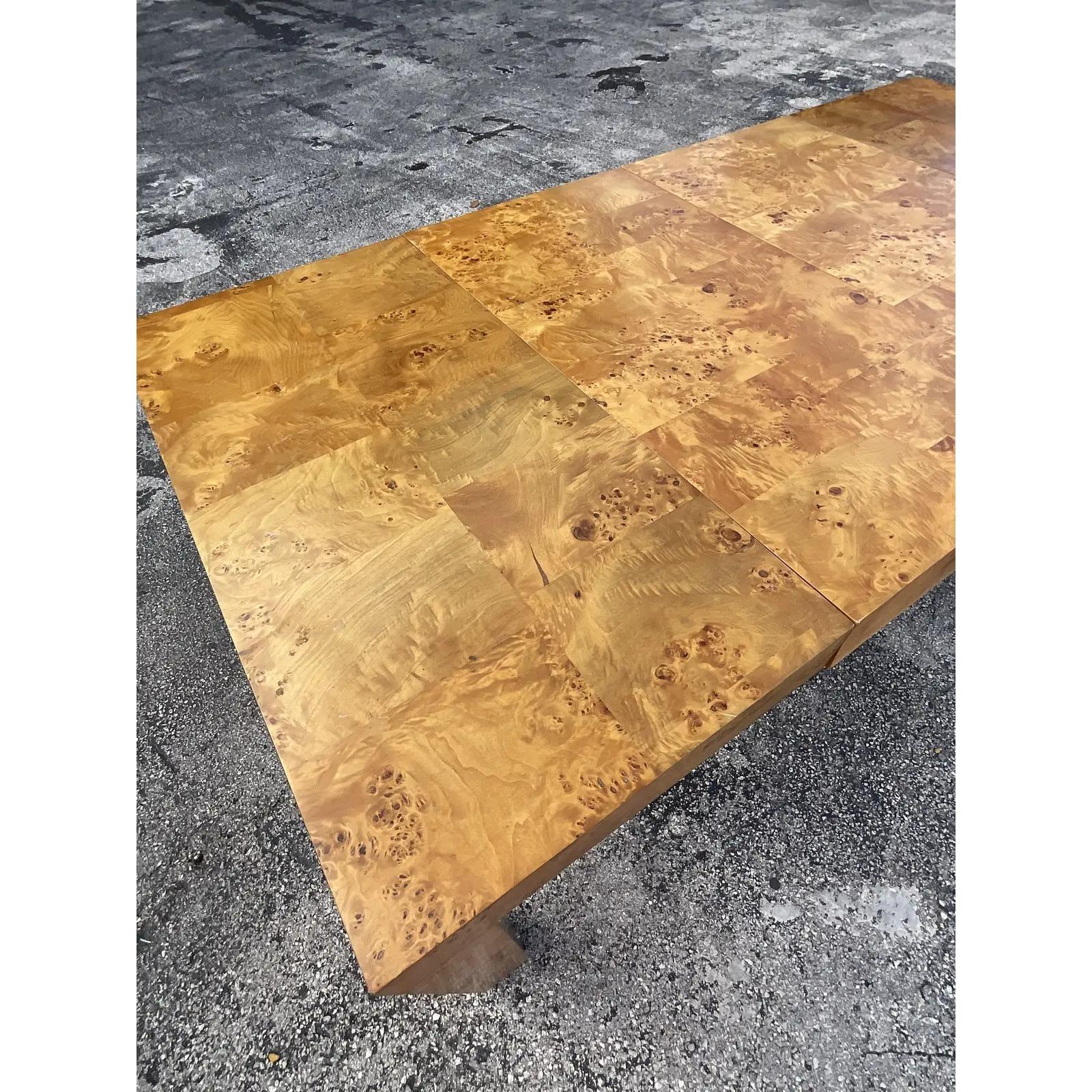 Vintage Midcentury Patchwork Burl Wood Parsons Dining Table After Milo Baughman In Good Condition For Sale In west palm beach, FL