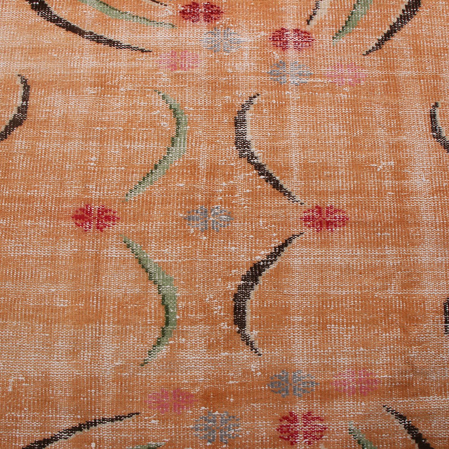 Art Deco Vintage Midcentury Peach Pink and Green Geometric Wool Rug