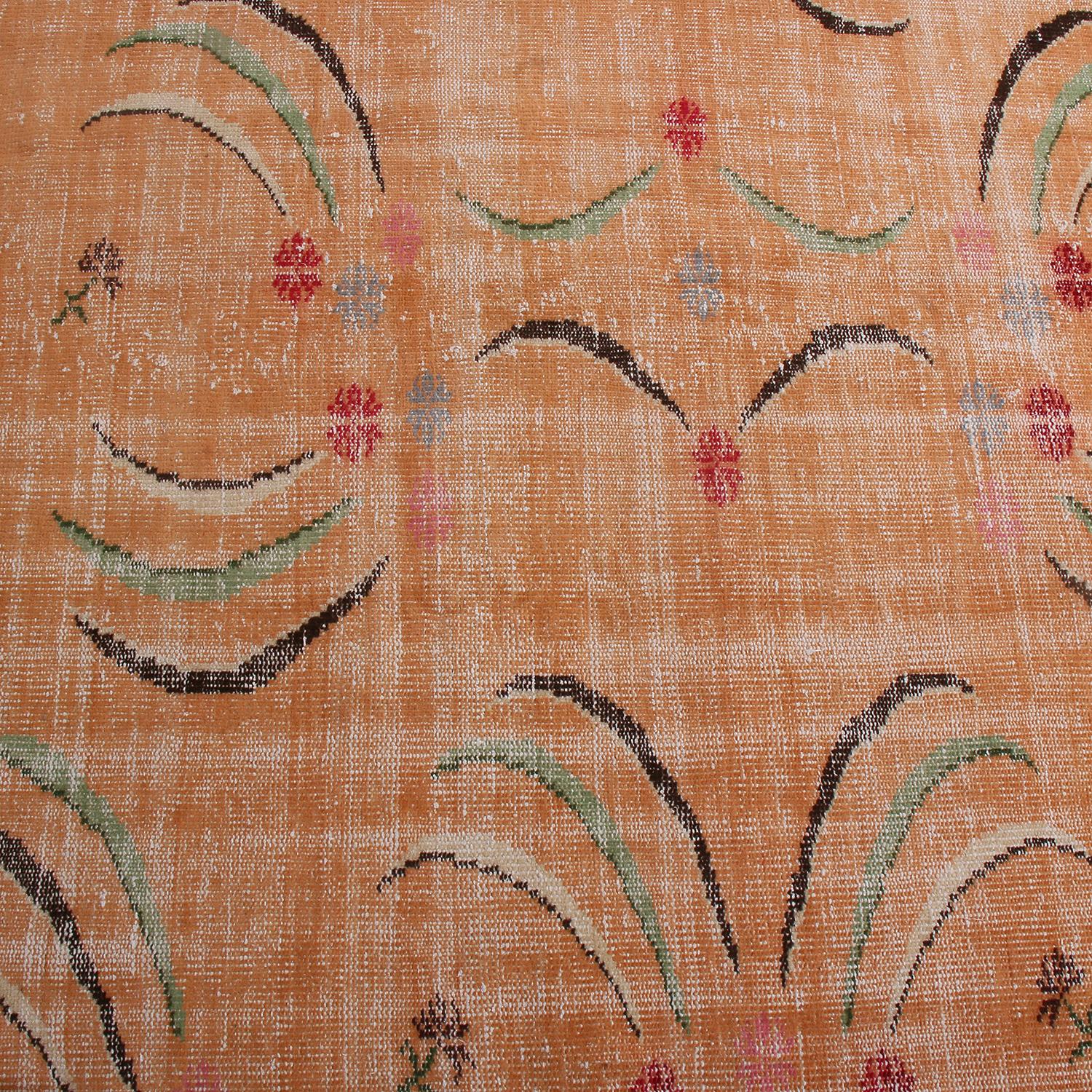 Turkish Vintage Midcentury Peach Pink and Green Geometric Wool Rug