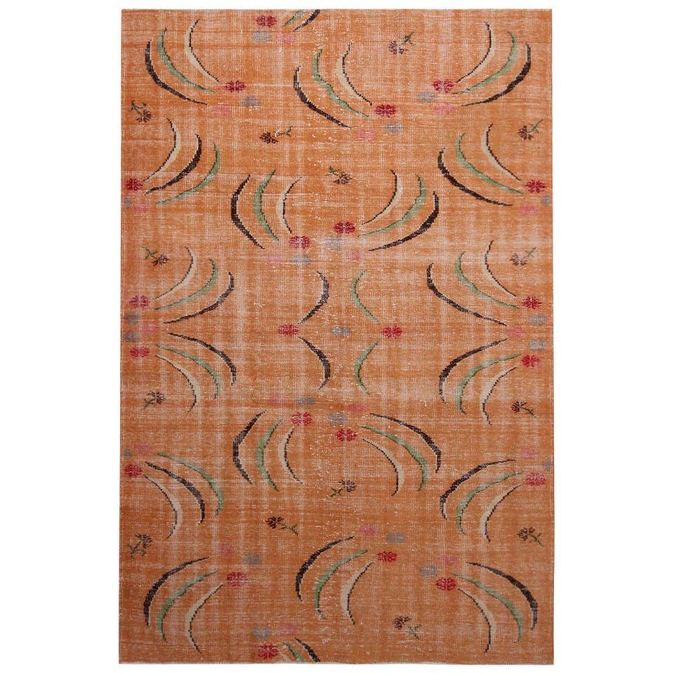 Vintage Midcentury Peach Pink and Green Geometric Wool Rug For Sale at ...