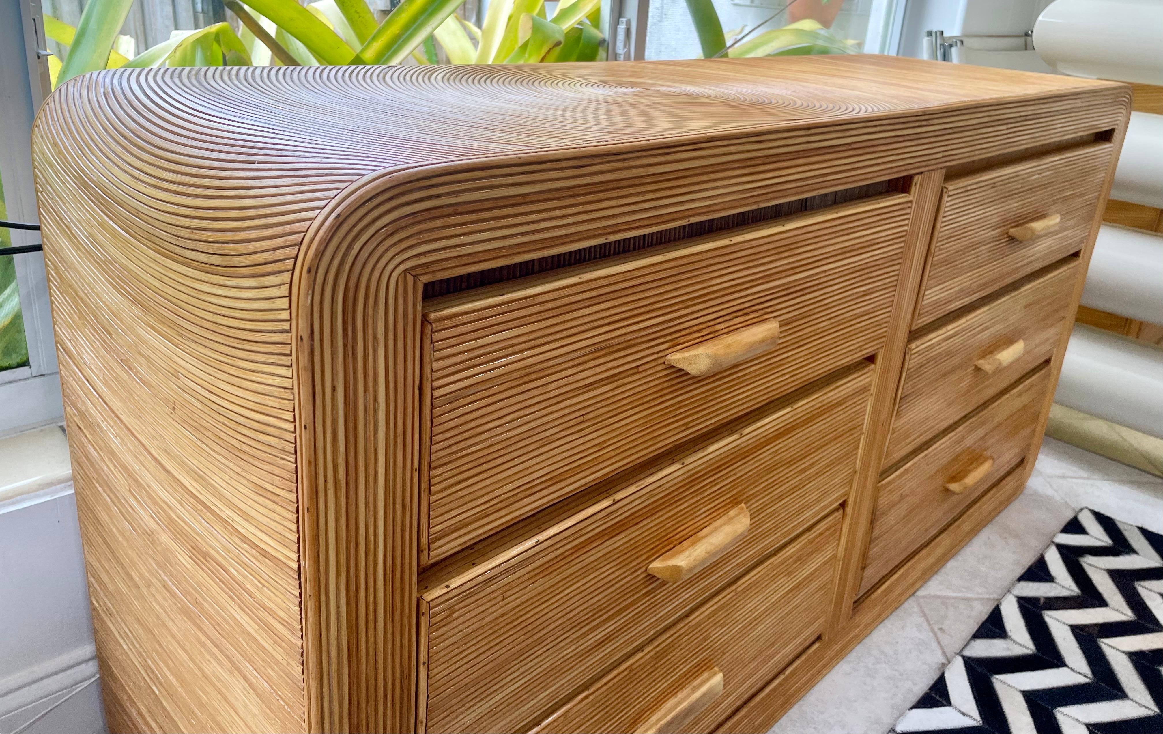 Vintage Midcentury Pencil Reed Rattan Waterfall Dresser 4