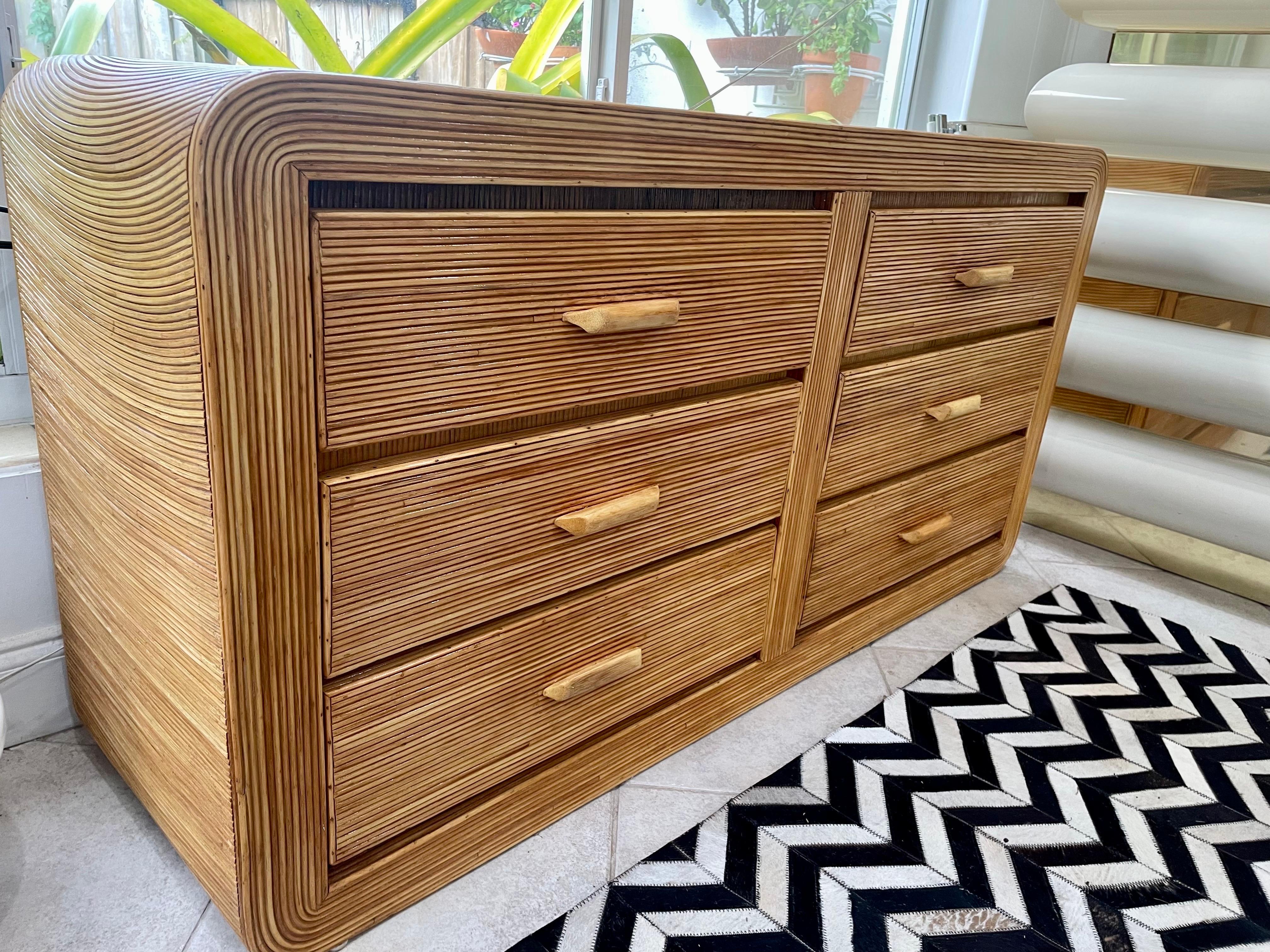 Late 20th Century Vintage Midcentury Pencil Reed Rattan Waterfall Dresser