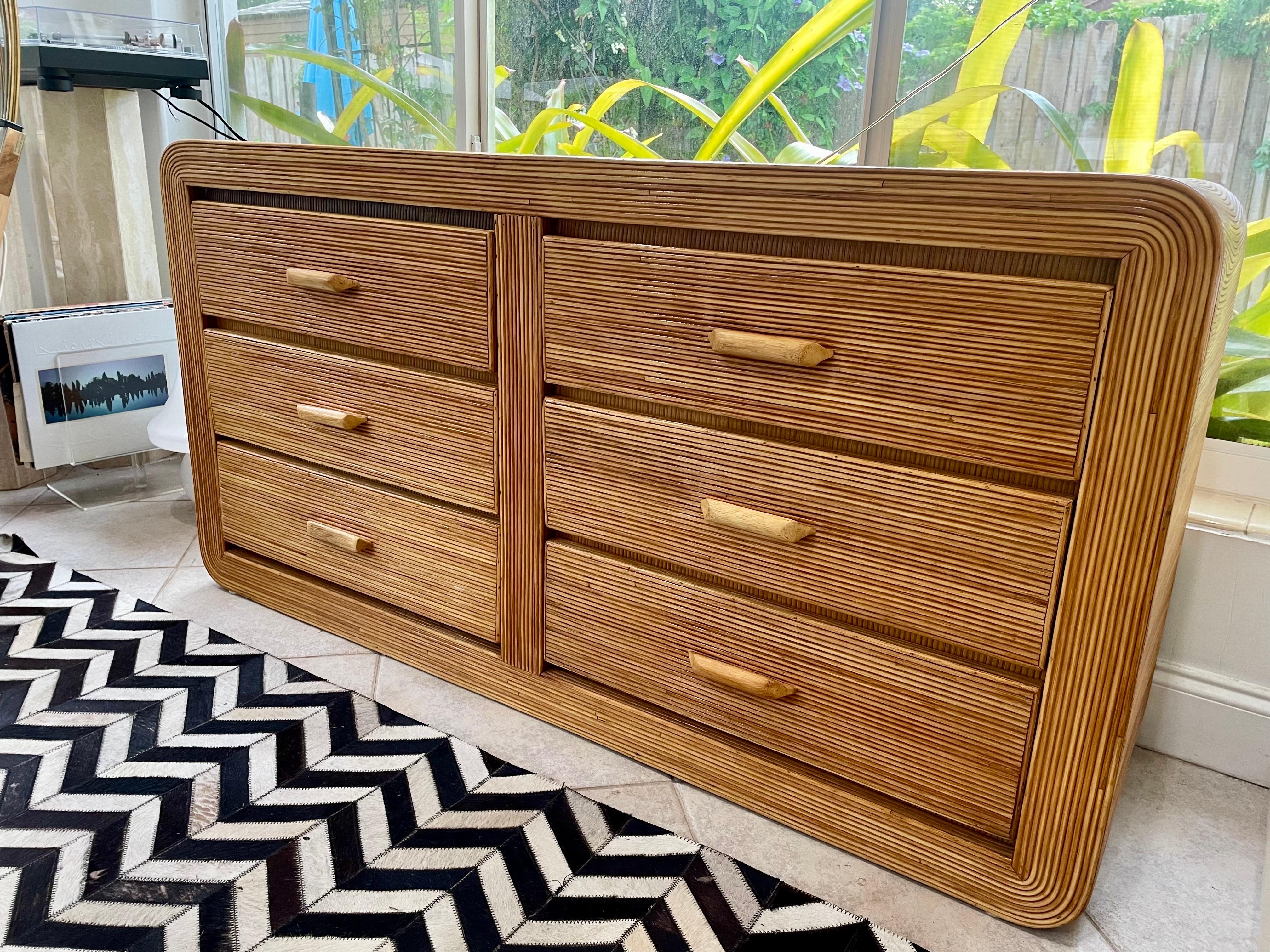 Vintage Midcentury Pencil Reed Rattan Waterfall Dresser 2