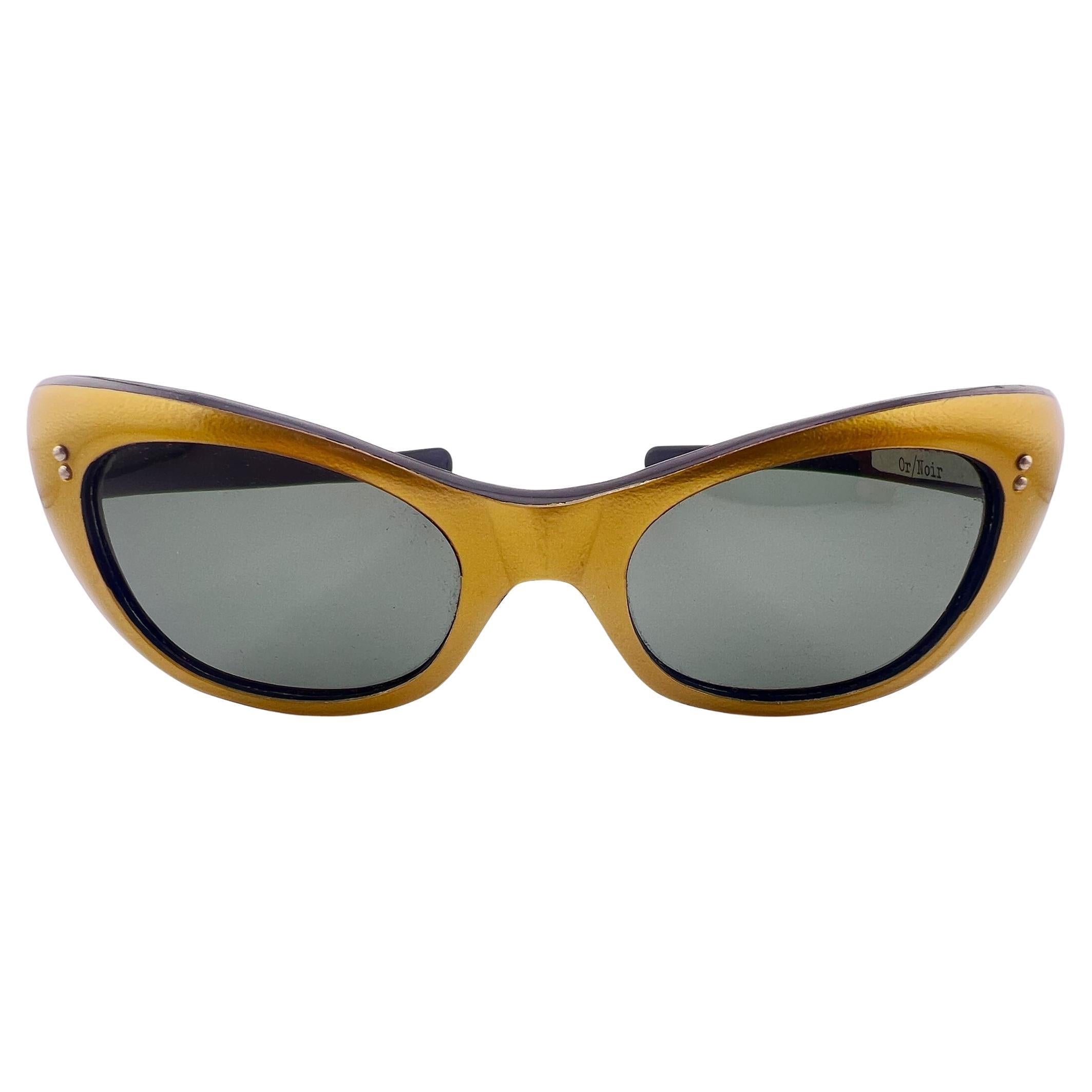 Vintage Midcentury Perl Metallic Gold Cat Eyed Sunglasses 1960
s Made in France For Sale