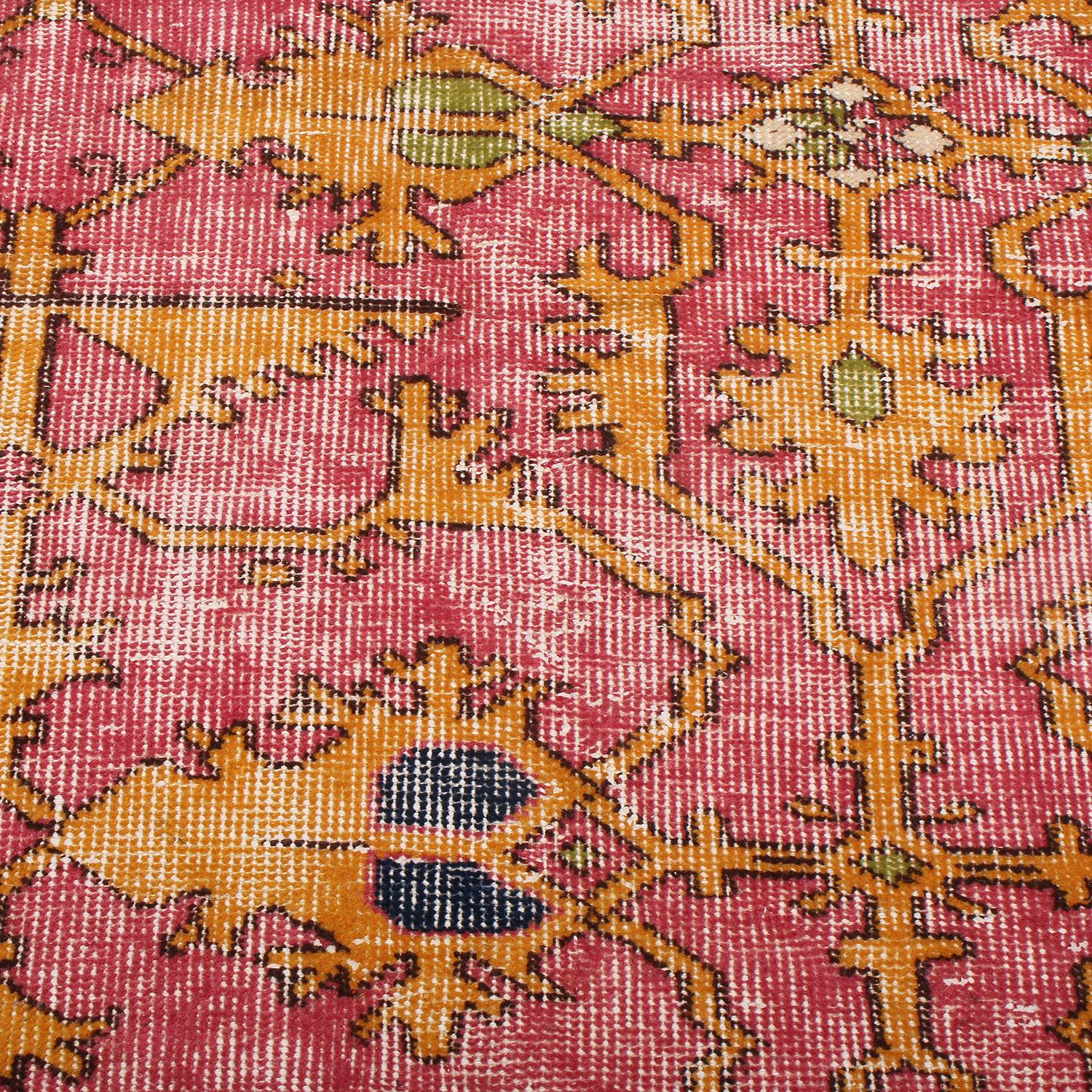 Hand-Knotted Vintage Midcentury Pink and Gold Geometric Wool Rug, Accents by Rug & Kilim For Sale