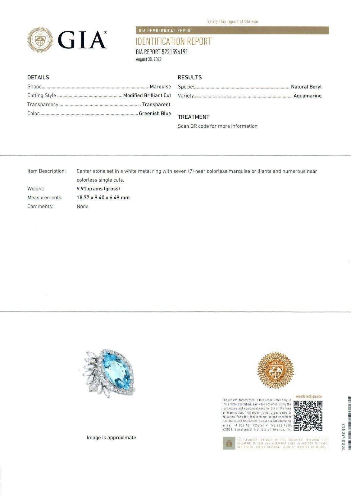 Vintage Mid-Century Platinum 8.0ctw GIA Large Marquise Aquamarine & Diamond Ring For Sale 3