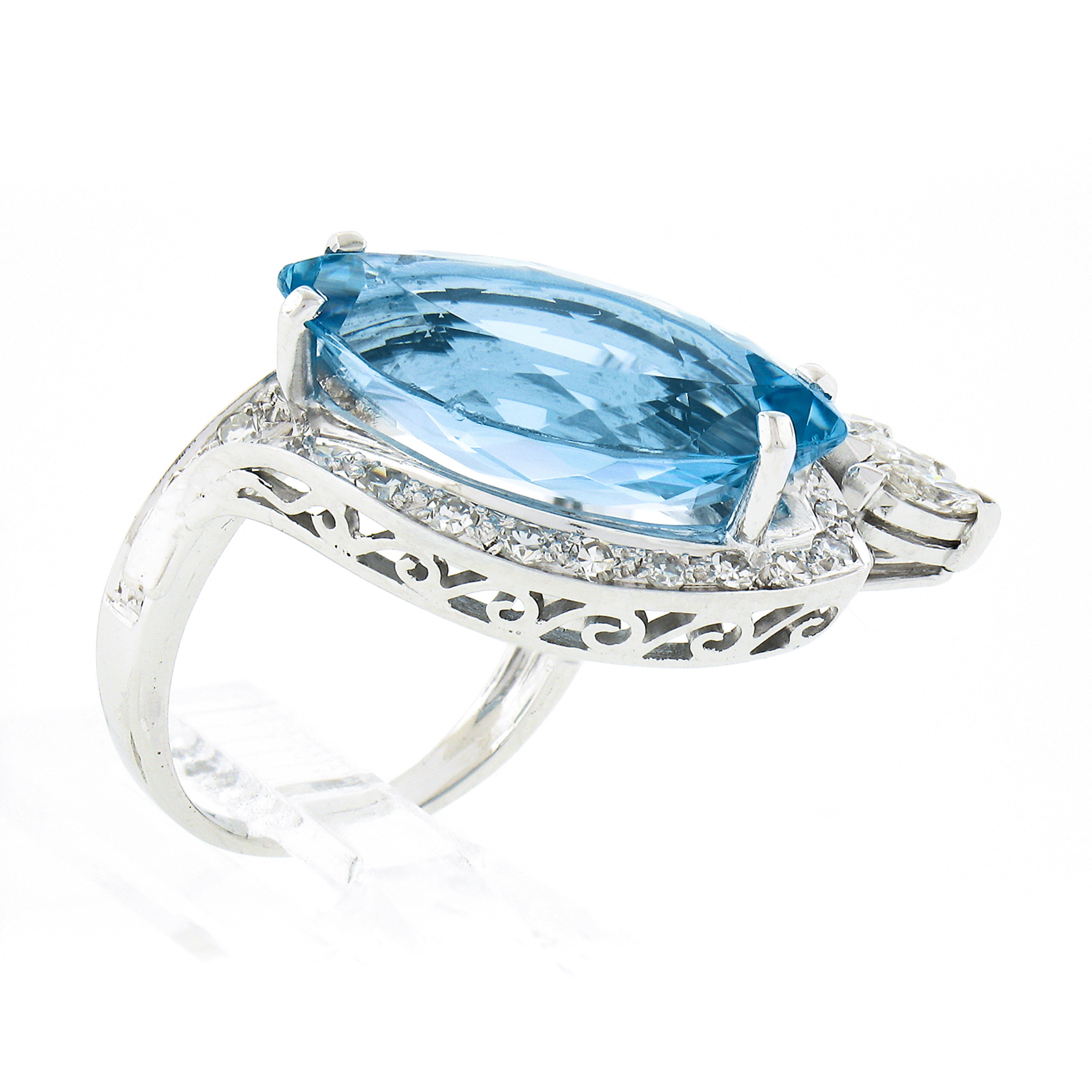Women's Vintage Mid-Century Platinum 8.0ctw GIA Large Marquise Aquamarine & Diamond Ring For Sale
