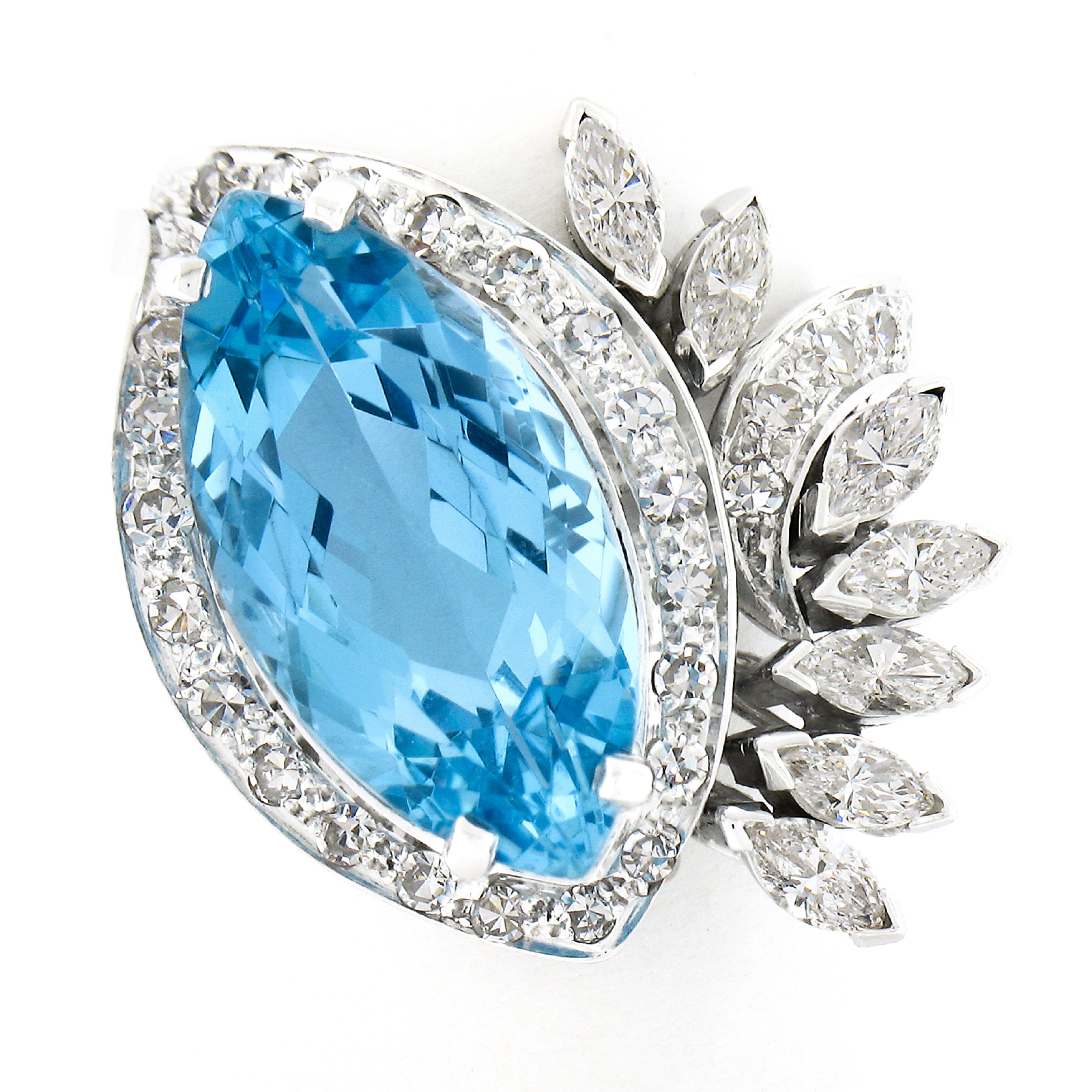 Vintage Mid-Century Platinum 8.0ctw GIA Large Marquise Aquamarine & Diamond Ring For Sale