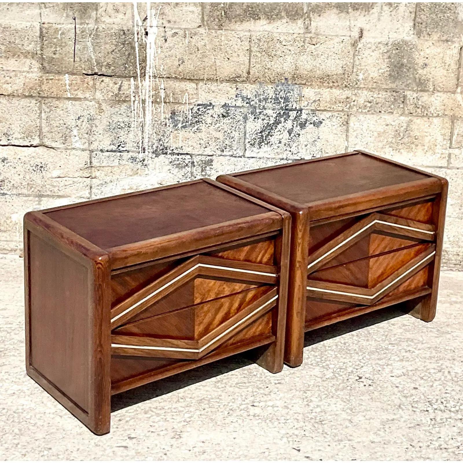 Fantastic pair of vintage MCM nightstands. Made by the iconic Pulaski group. Chic chrome diamond design. Acquired from a Palm Beach estate.