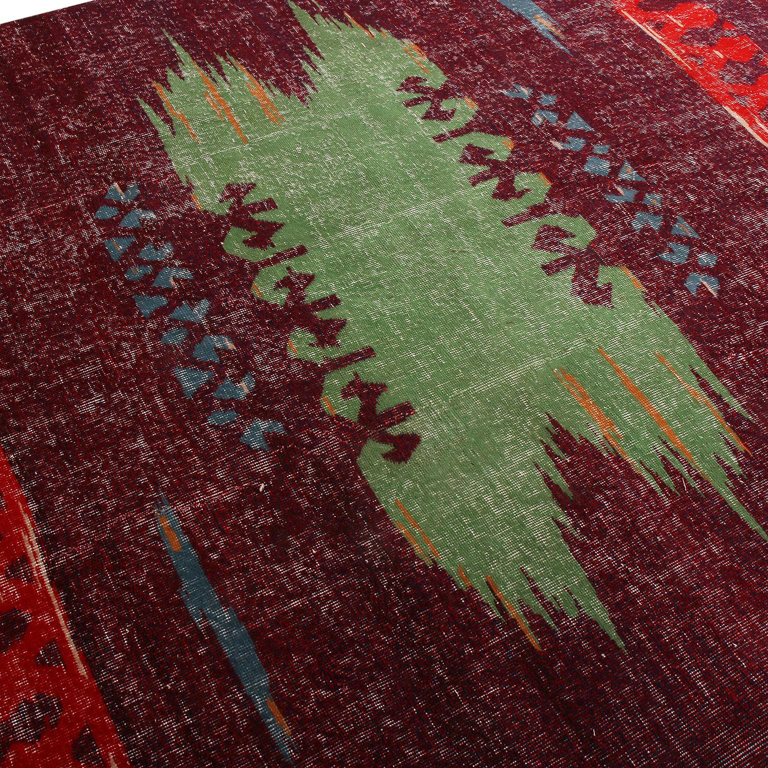 Turkish Vintage Midcentury Purple and Green Wool Rug with Red and Blue Tribal Accents For Sale