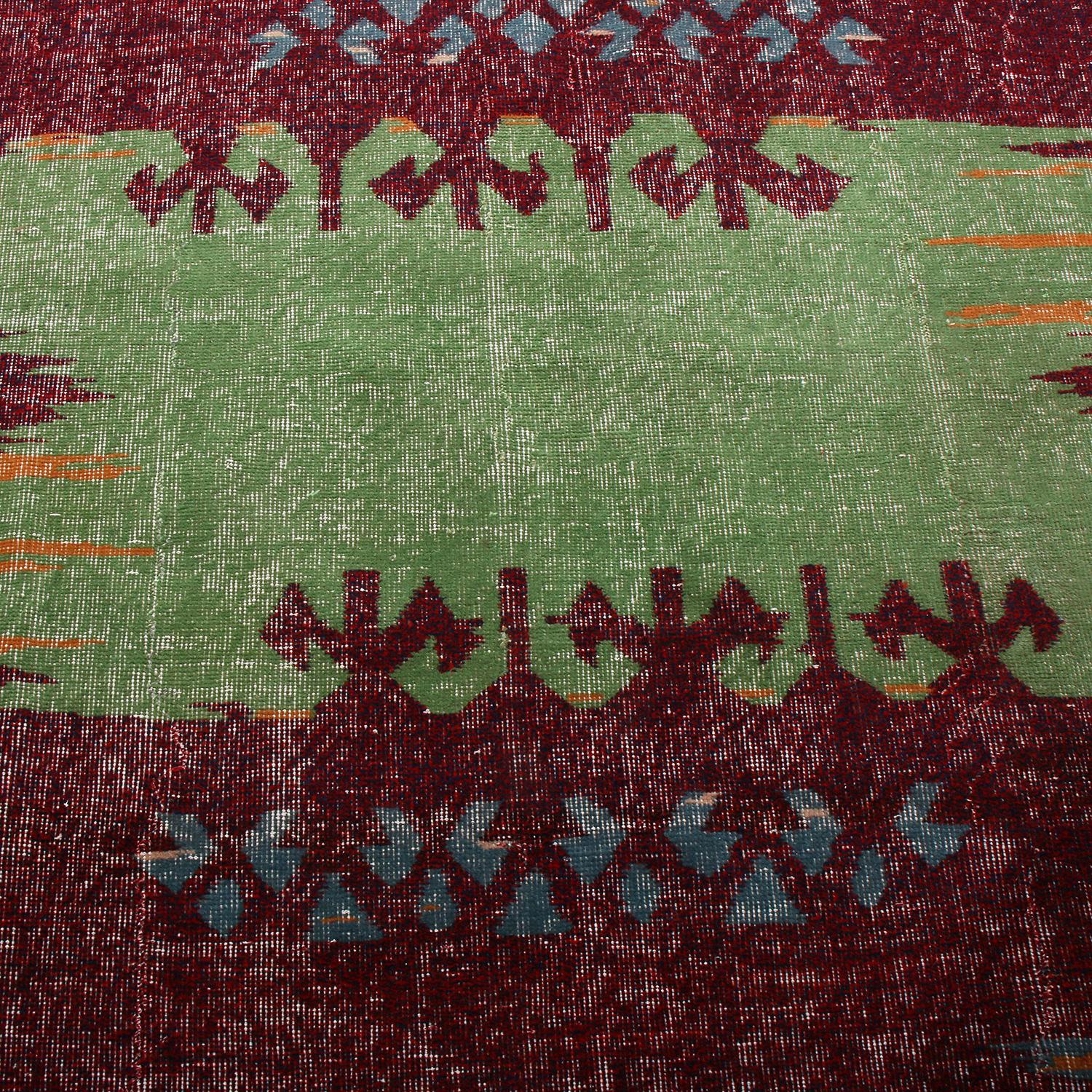 Hand-Knotted Vintage Midcentury Purple and Green Wool Rug with Red and Blue Tribal Accents For Sale