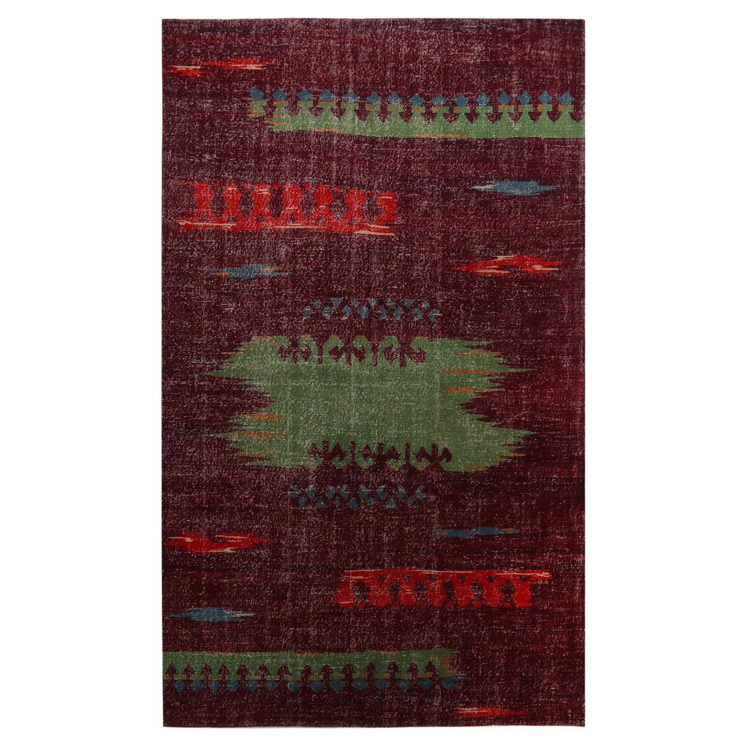 Vintage Midcentury Purple and Green Wool Rug with Red and Blue Tribal Accents