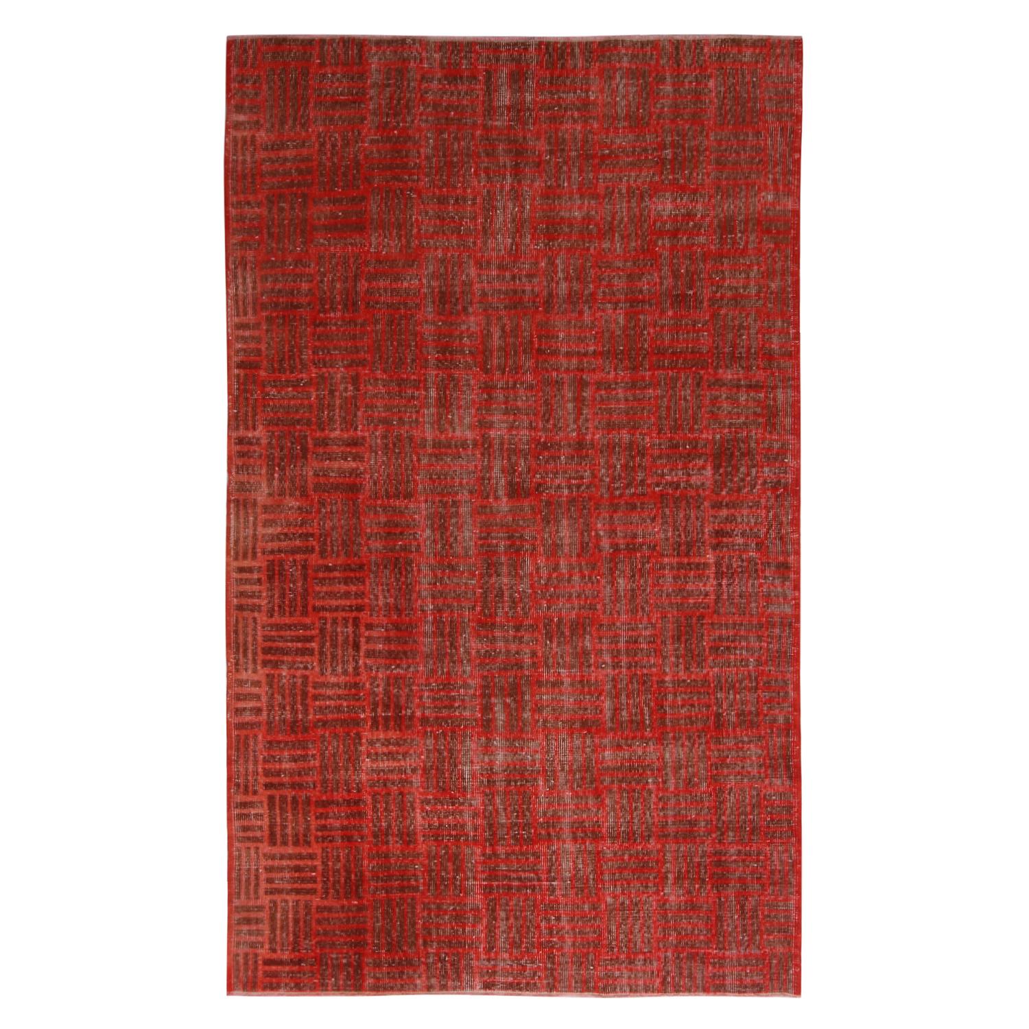 Vintage Midcentury Red and Brown Geometric Wool Rug