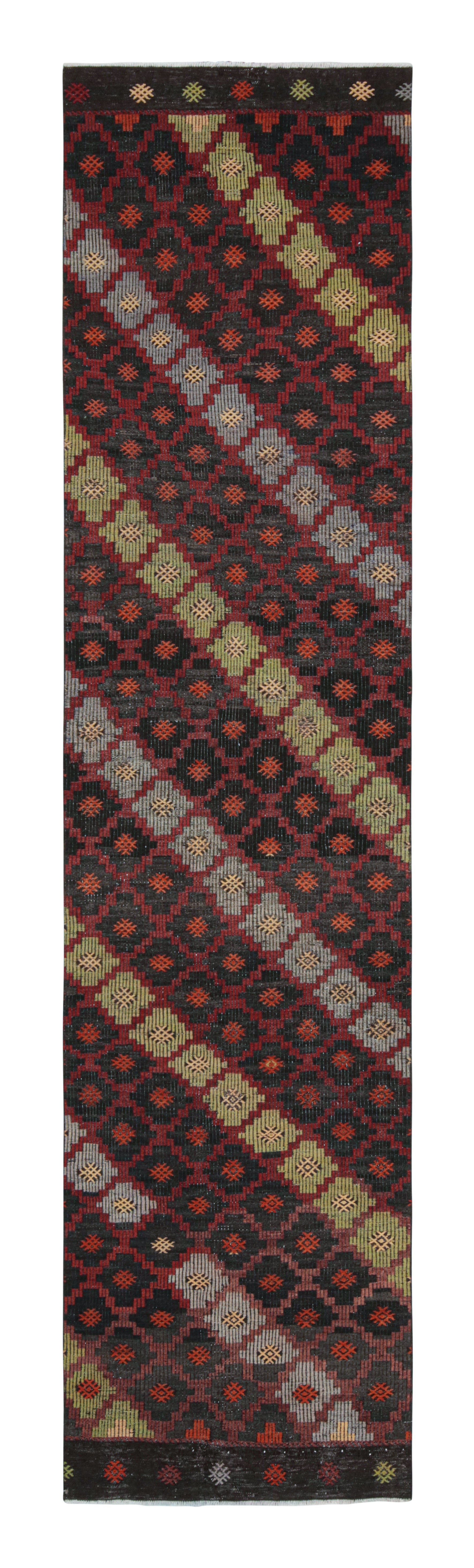 Tappeto Kilim in lana rosso/nero, vintage, a strisce verdi e blu di Rug & Kilim