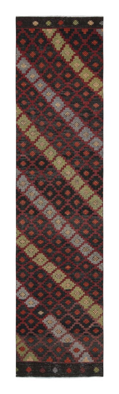 Roter/schwarzer Woll-Kelim-Teppich aus der Mitte des Jahrhunderts, grün-blau gestreift von Teppich & Kelim