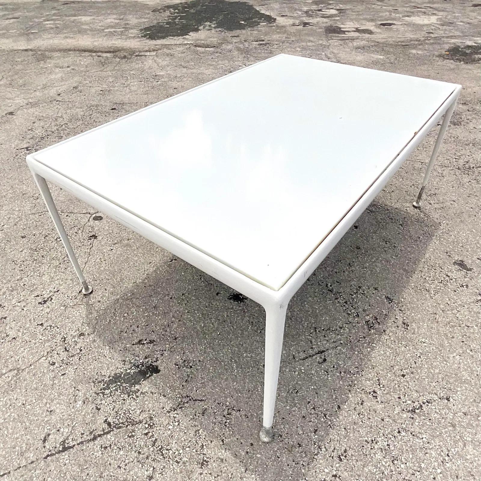 Fabulous vintage Midcentury outdoor dining table. The large rectangle version. Beautiful cast aluminum from the 1966 Aluminum Leisure Series. Unmarked. Acquired from a Palm Beach estate.

The table is in great structural condition. Minor scuffs
