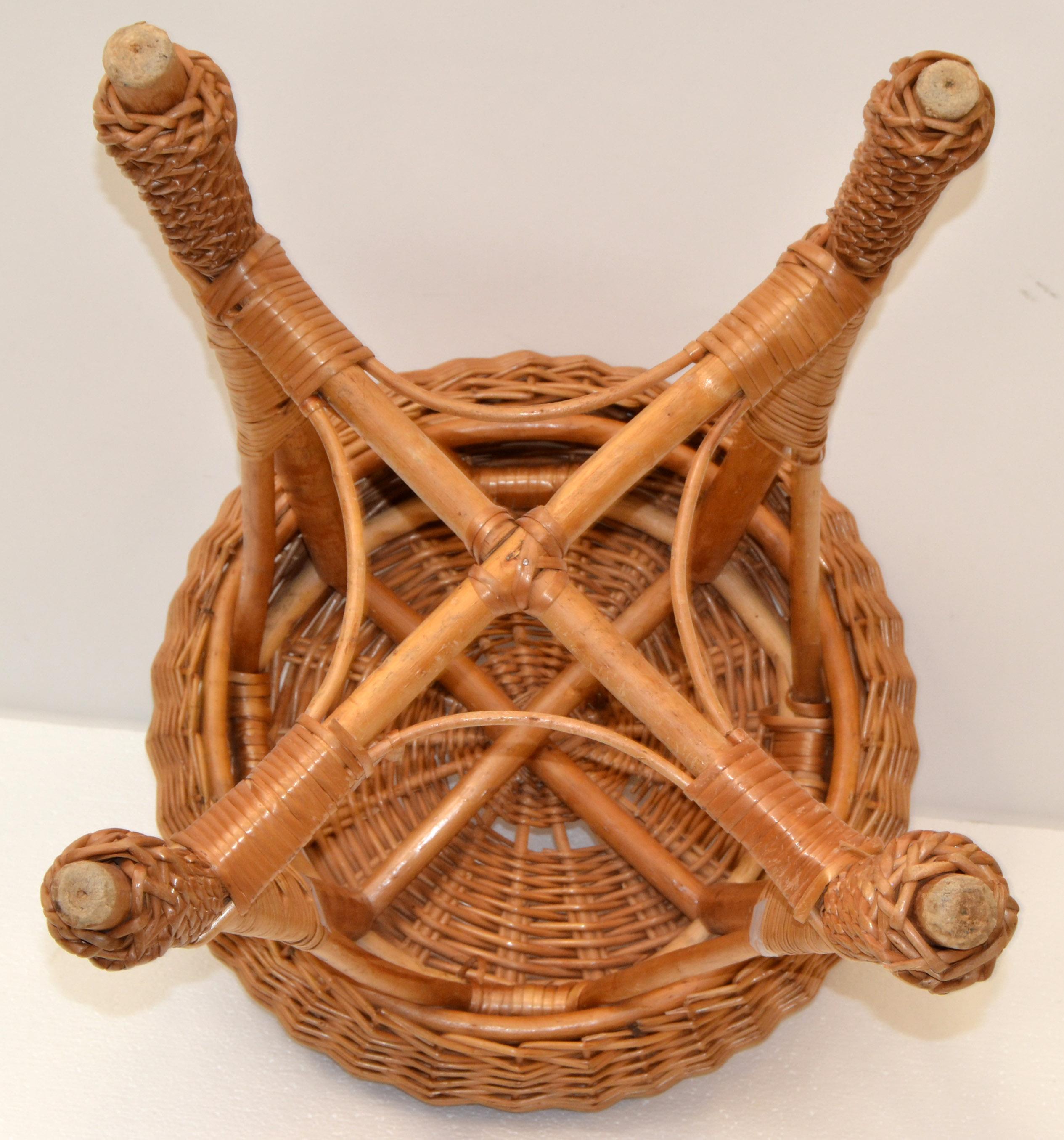 Vintage Midcentury Round Handwoven Rattan Cane Drum, Side, Drink Table Low Stool 3