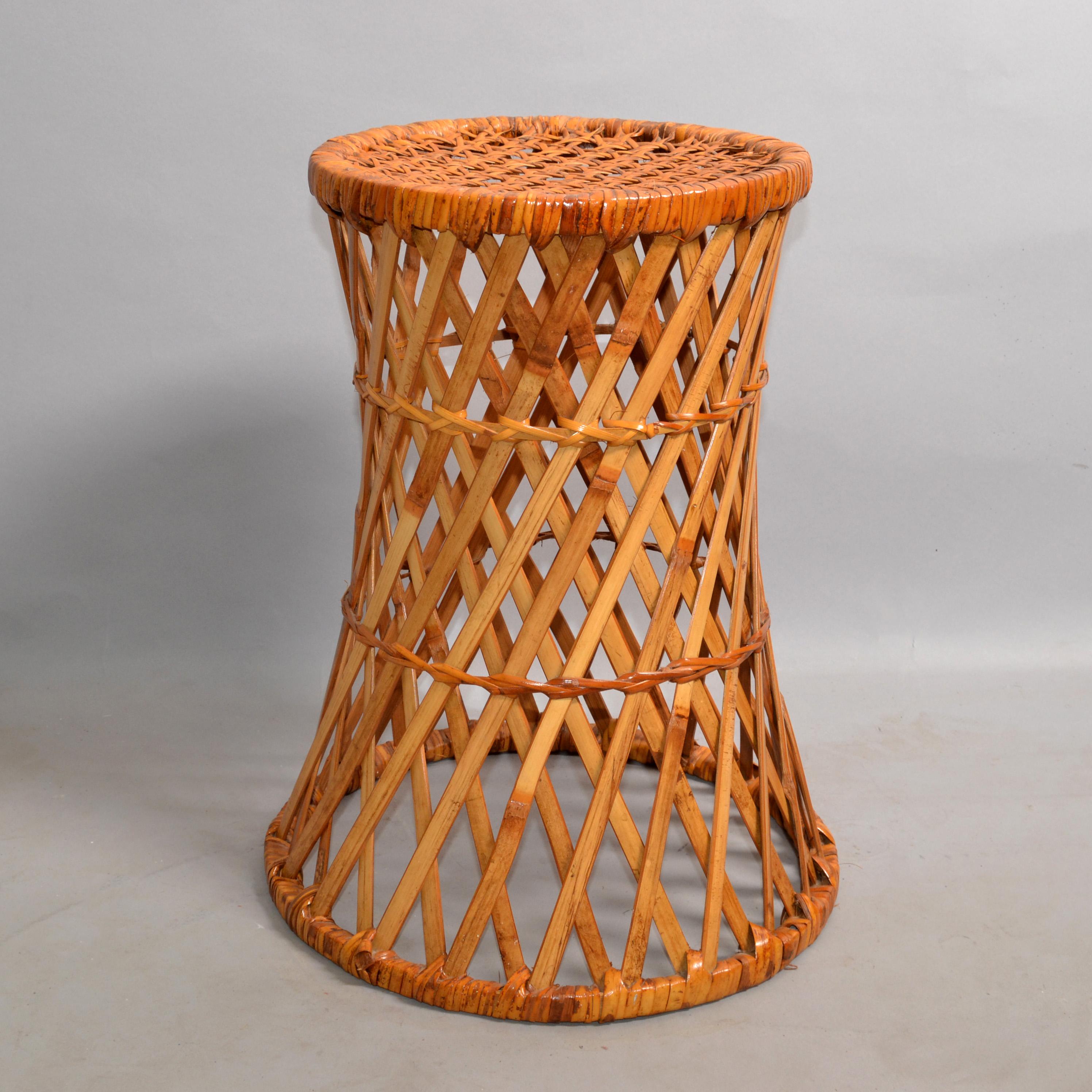 Vintage Midcentury Round Handwoven Rattan Cane Drum, Side, Drink Table Low Stool 4
