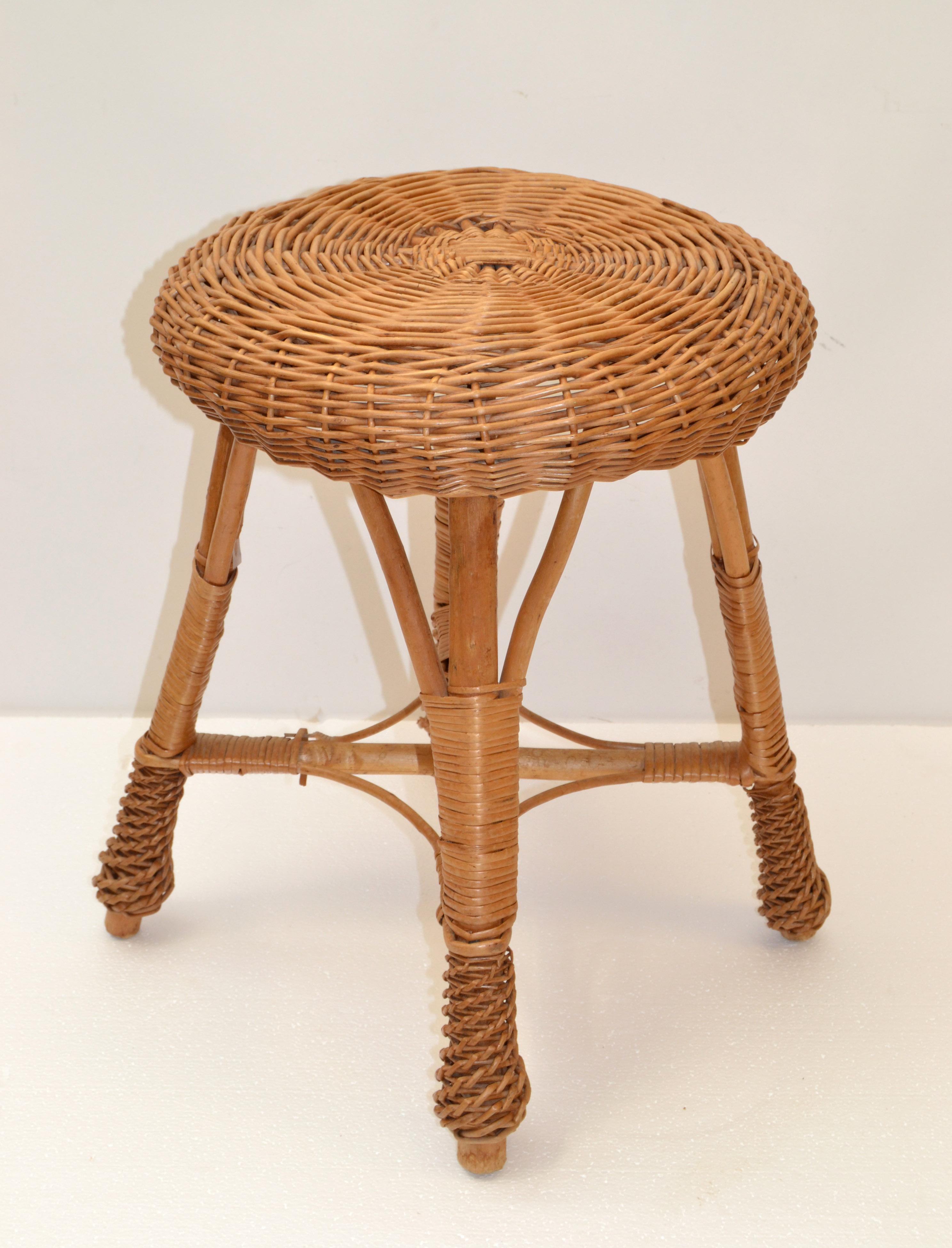 Vintage Midcentury Round Handwoven Rattan Cane Drum, Side, Drink Table Low Stool 4