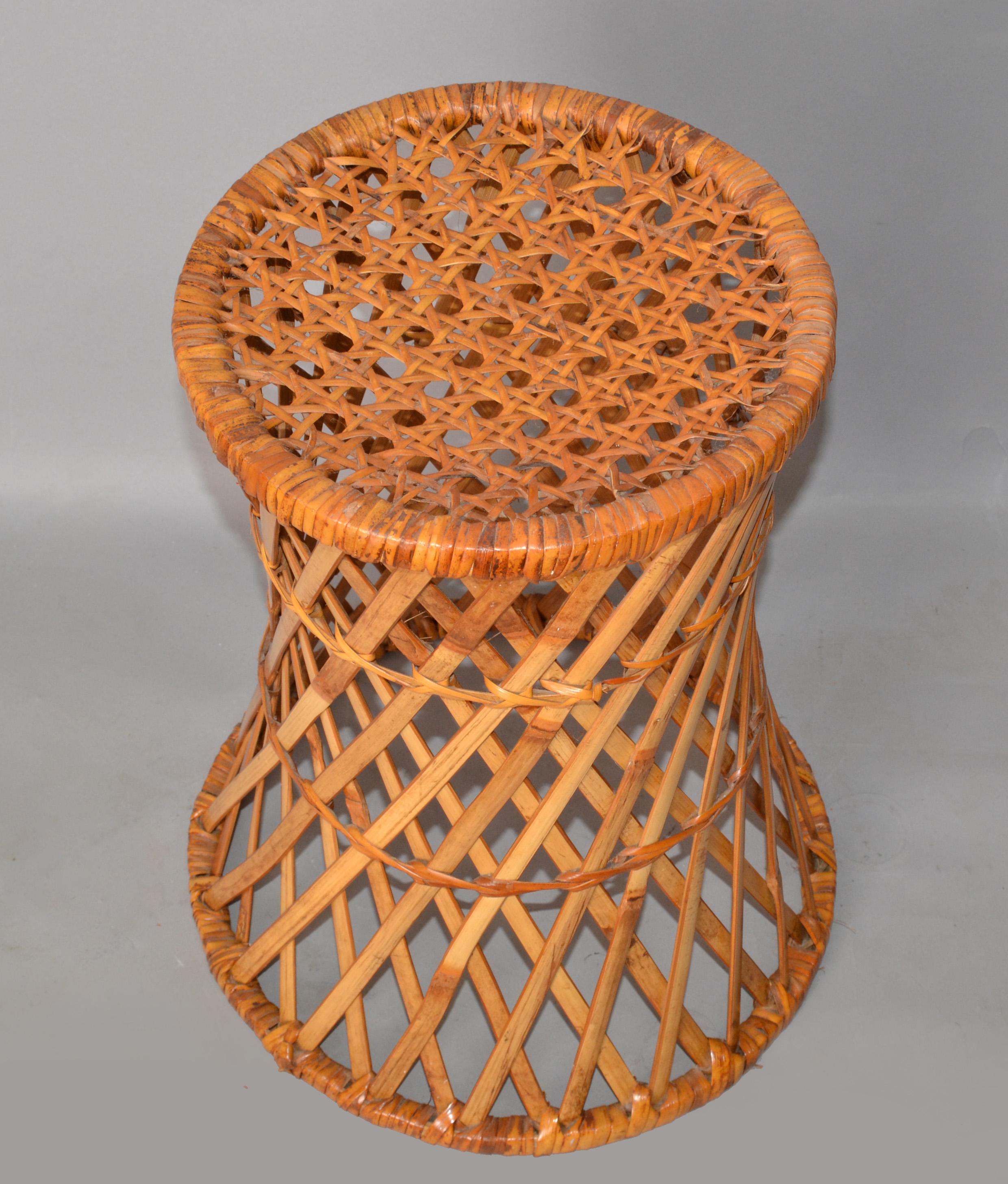 Mid-Century Modern Vintage Midcentury Round Handwoven Rattan Cane Drum, Side, Drink Table Low Stool