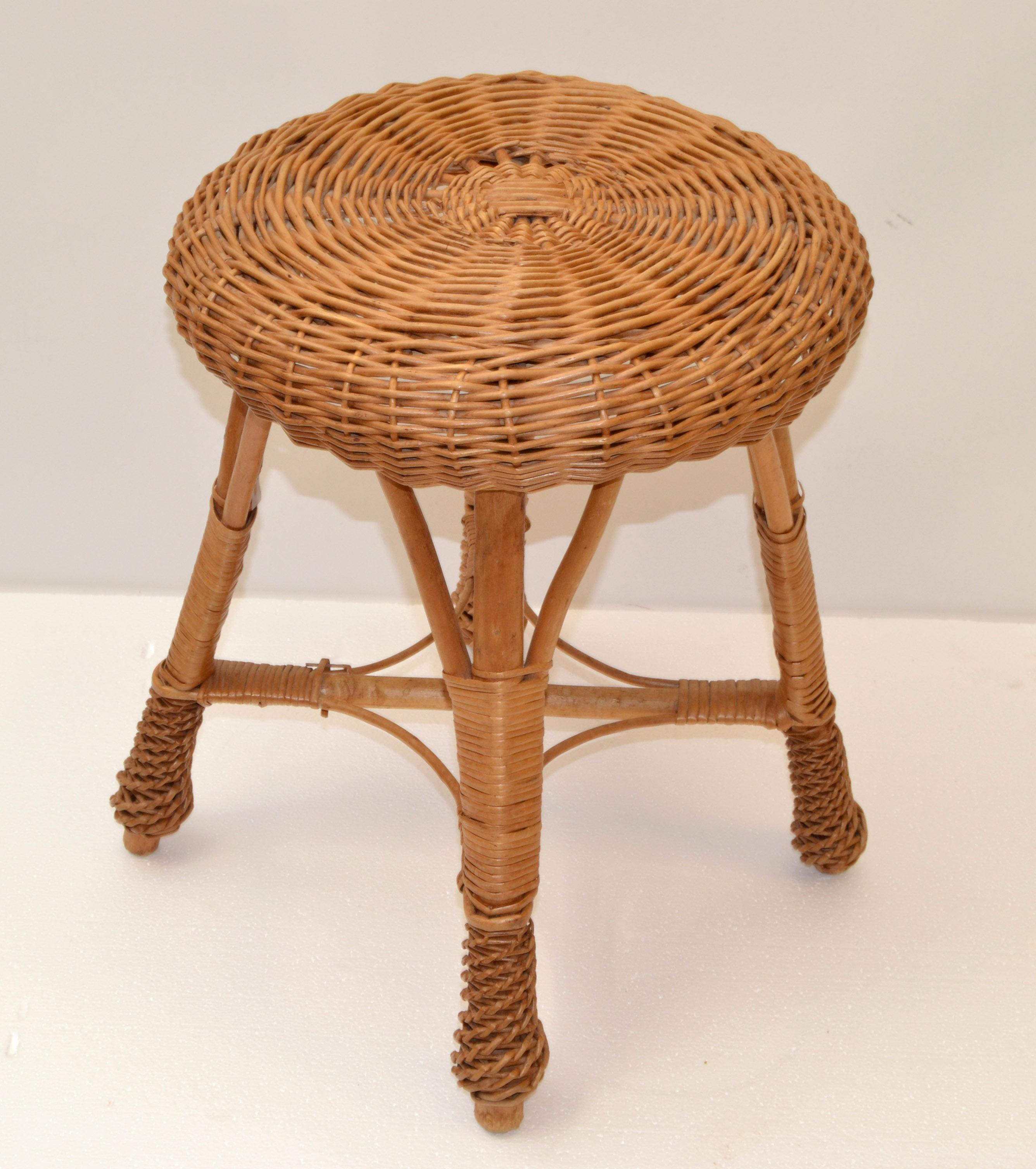 Mid-Century Modern Vintage Midcentury Round Handwoven Rattan Cane Drum, Side, Drink Table Low Stool