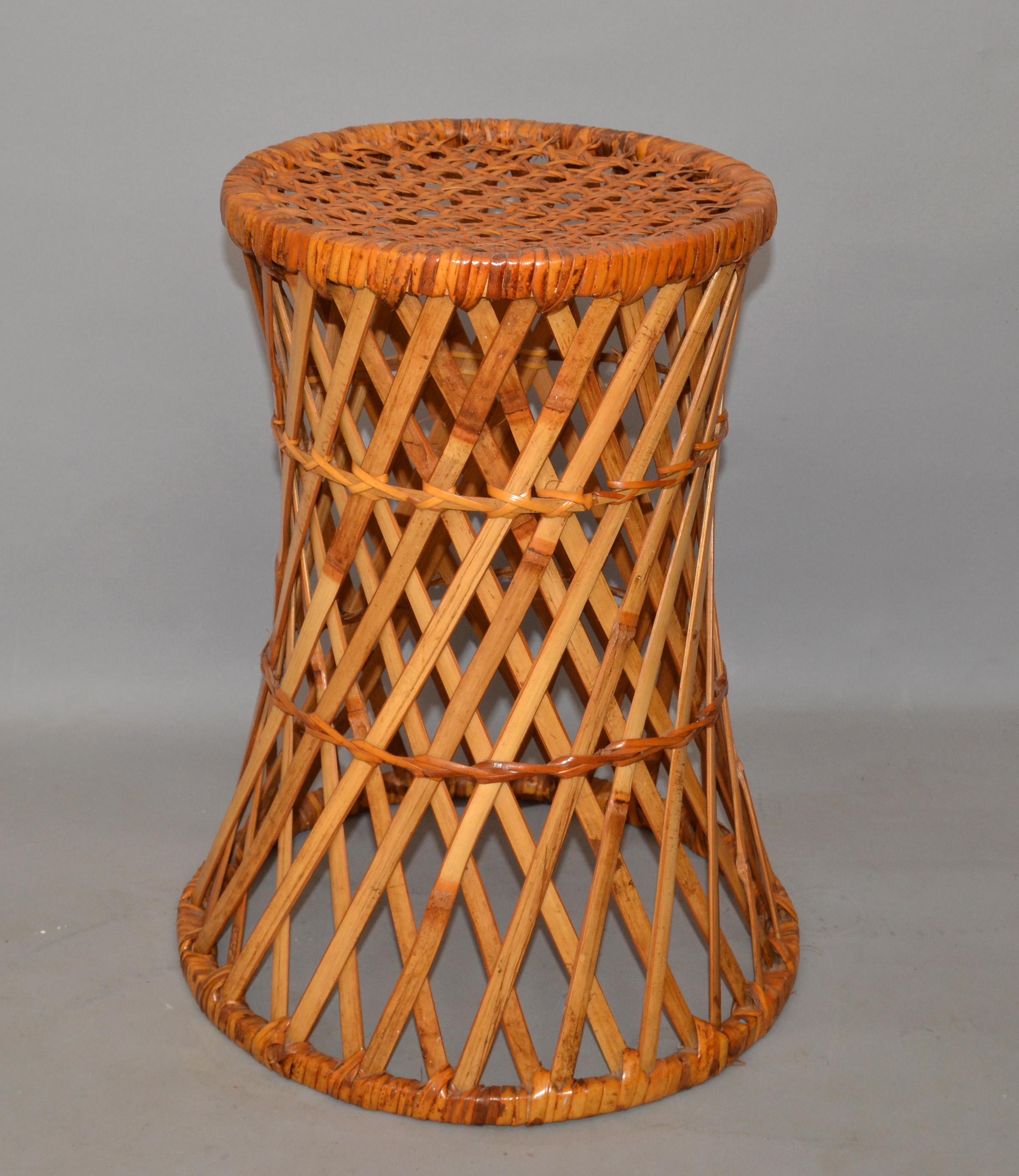 American Vintage Midcentury Round Handwoven Rattan Cane Drum, Side, Drink Table Low Stool