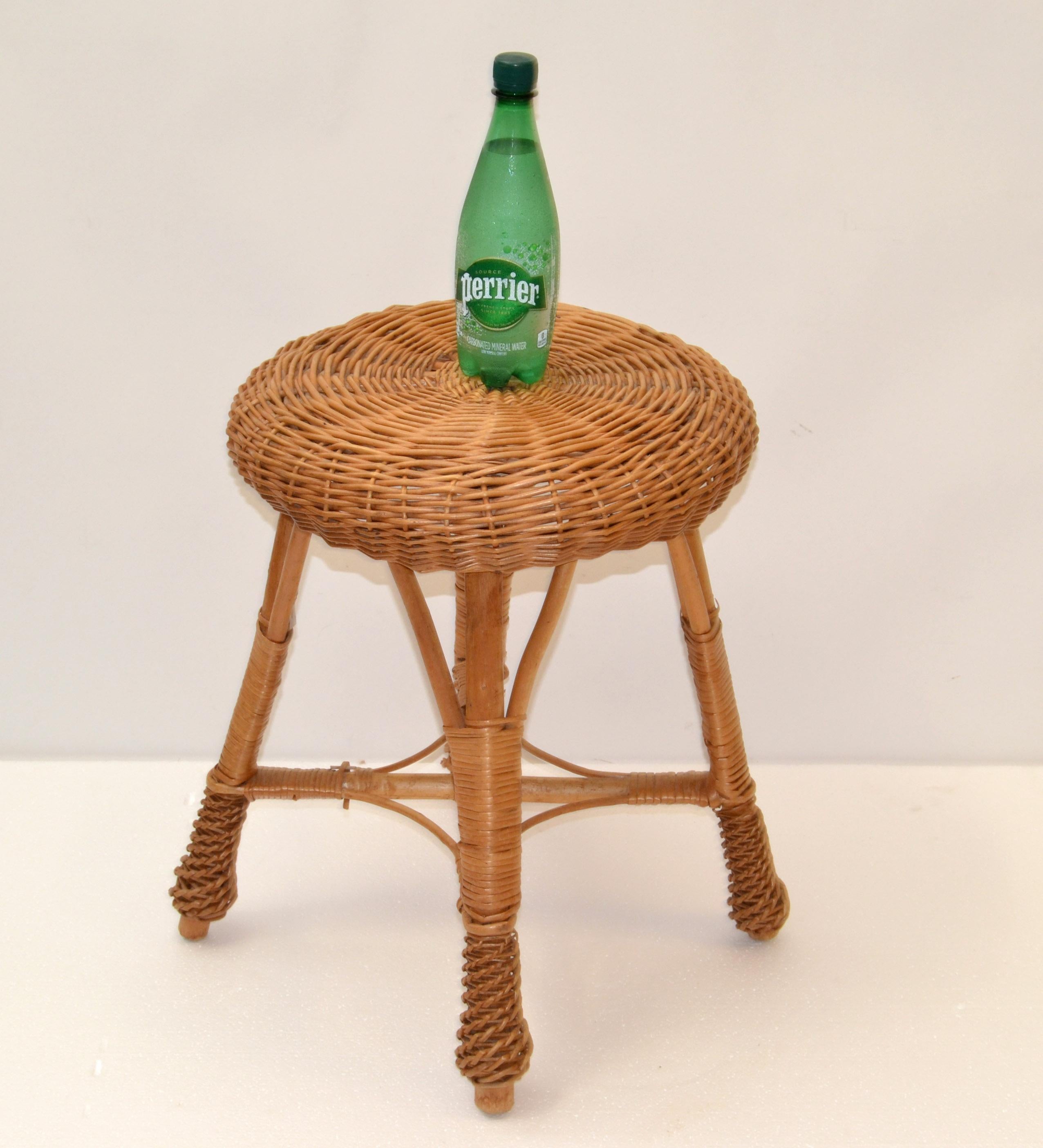 American Vintage Midcentury Round Handwoven Rattan Cane Drum, Side, Drink Table Low Stool