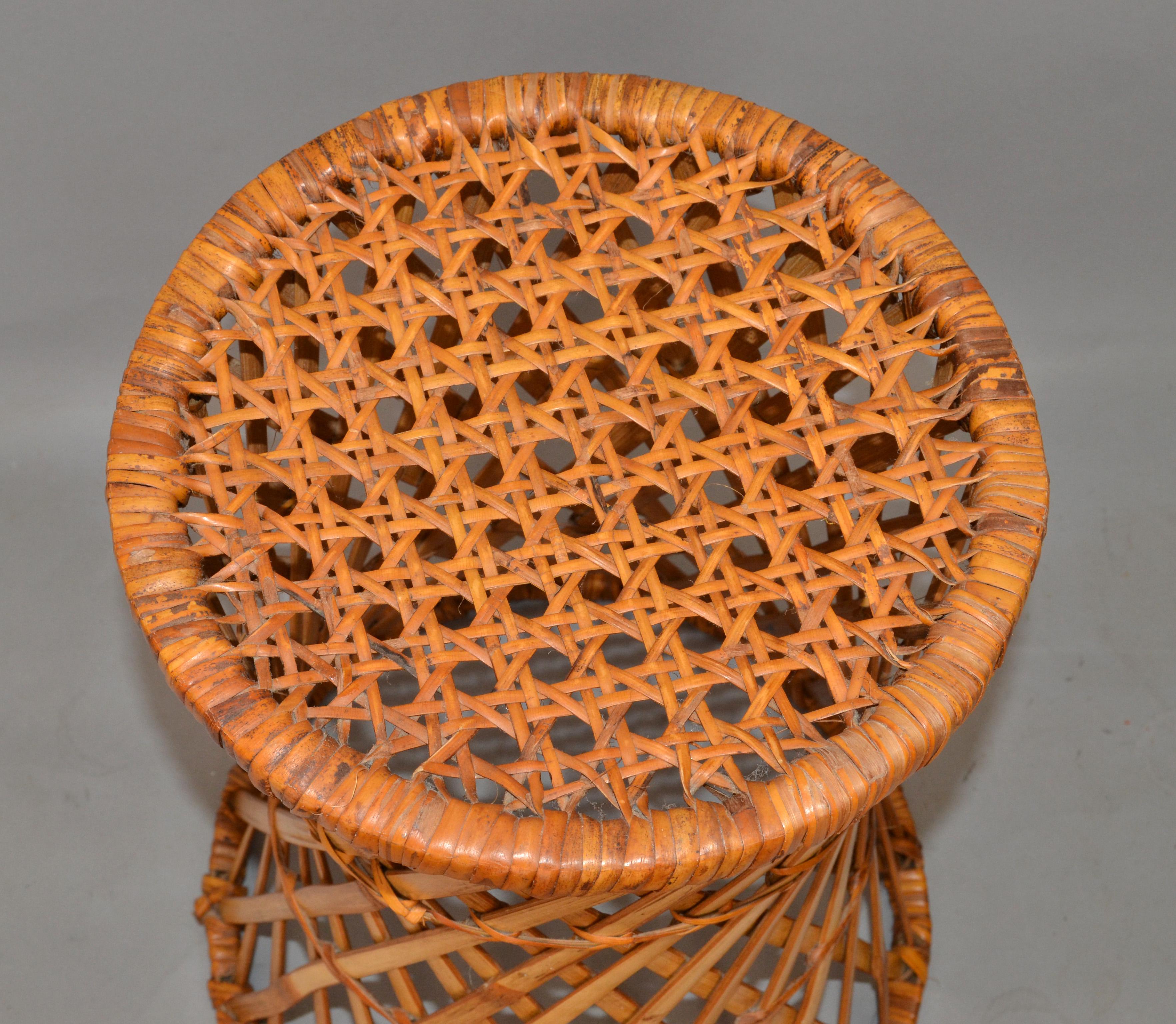 Hand-Woven Vintage Midcentury Round Handwoven Rattan Cane Drum, Side, Drink Table Low Stool