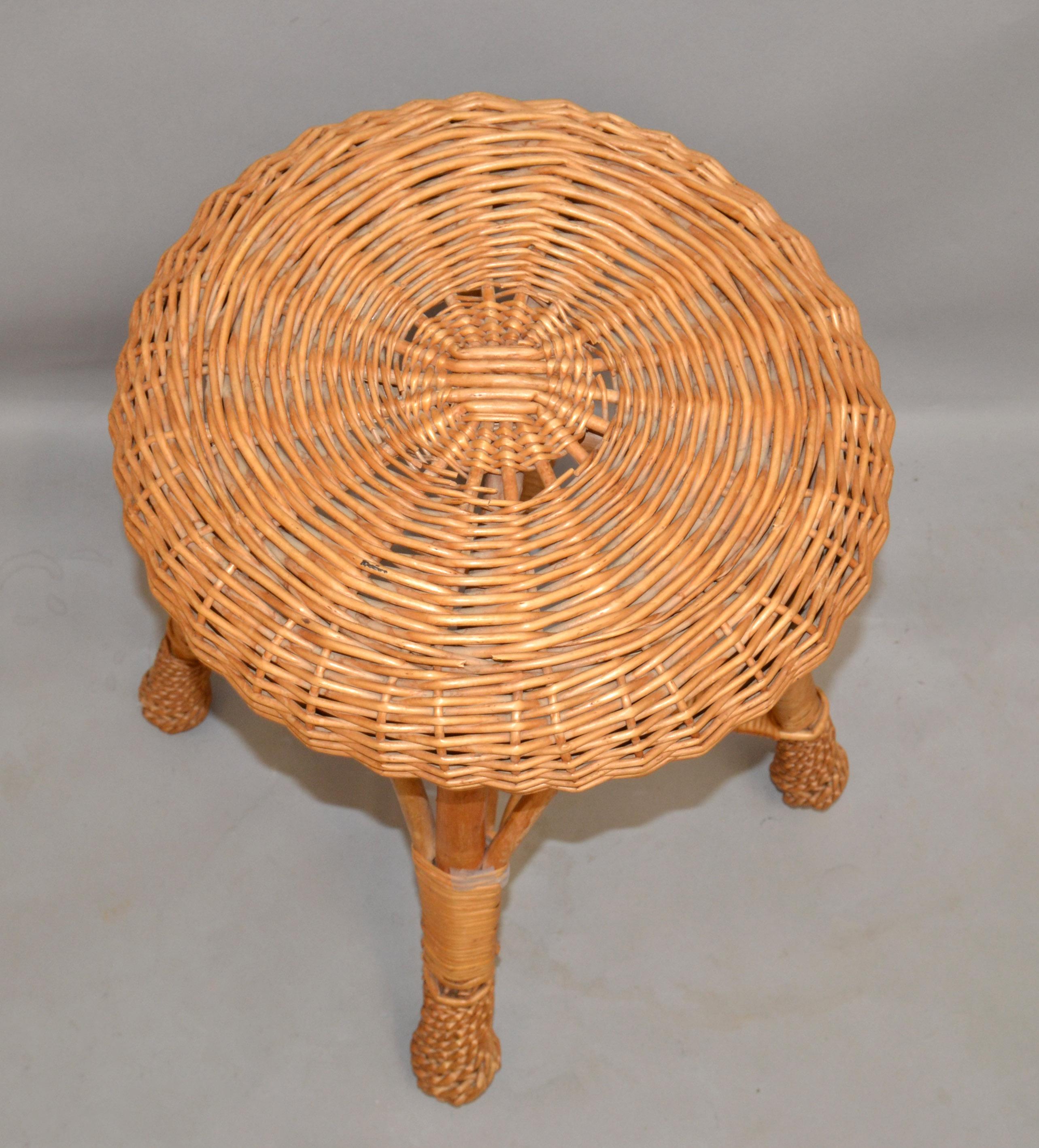 Hand-Woven Vintage Midcentury Round Handwoven Rattan Cane Drum, Side, Drink Table Low Stool