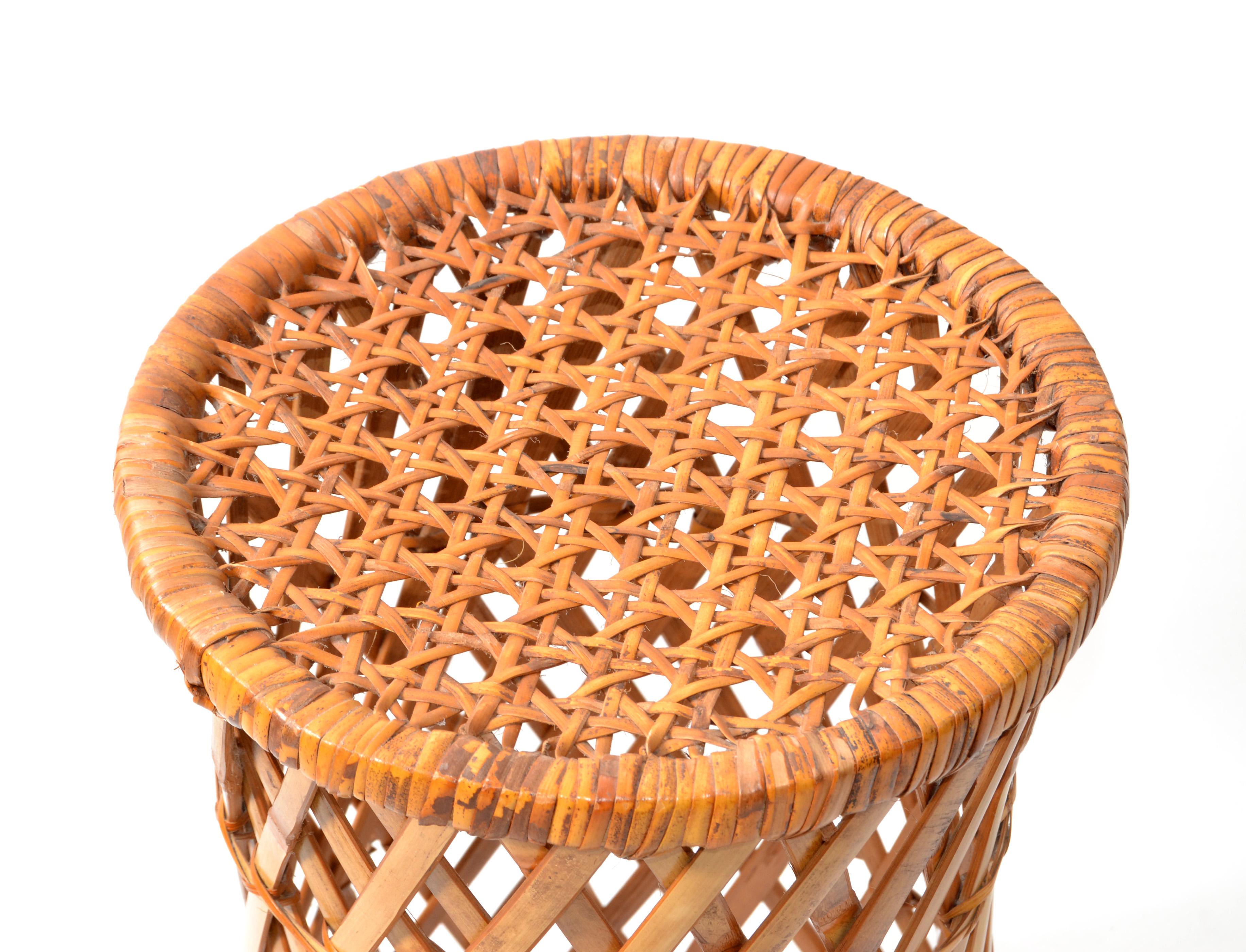 Vintage Midcentury Round Handwoven Rattan Cane Drum, Side, Drink Table Low Stool 1