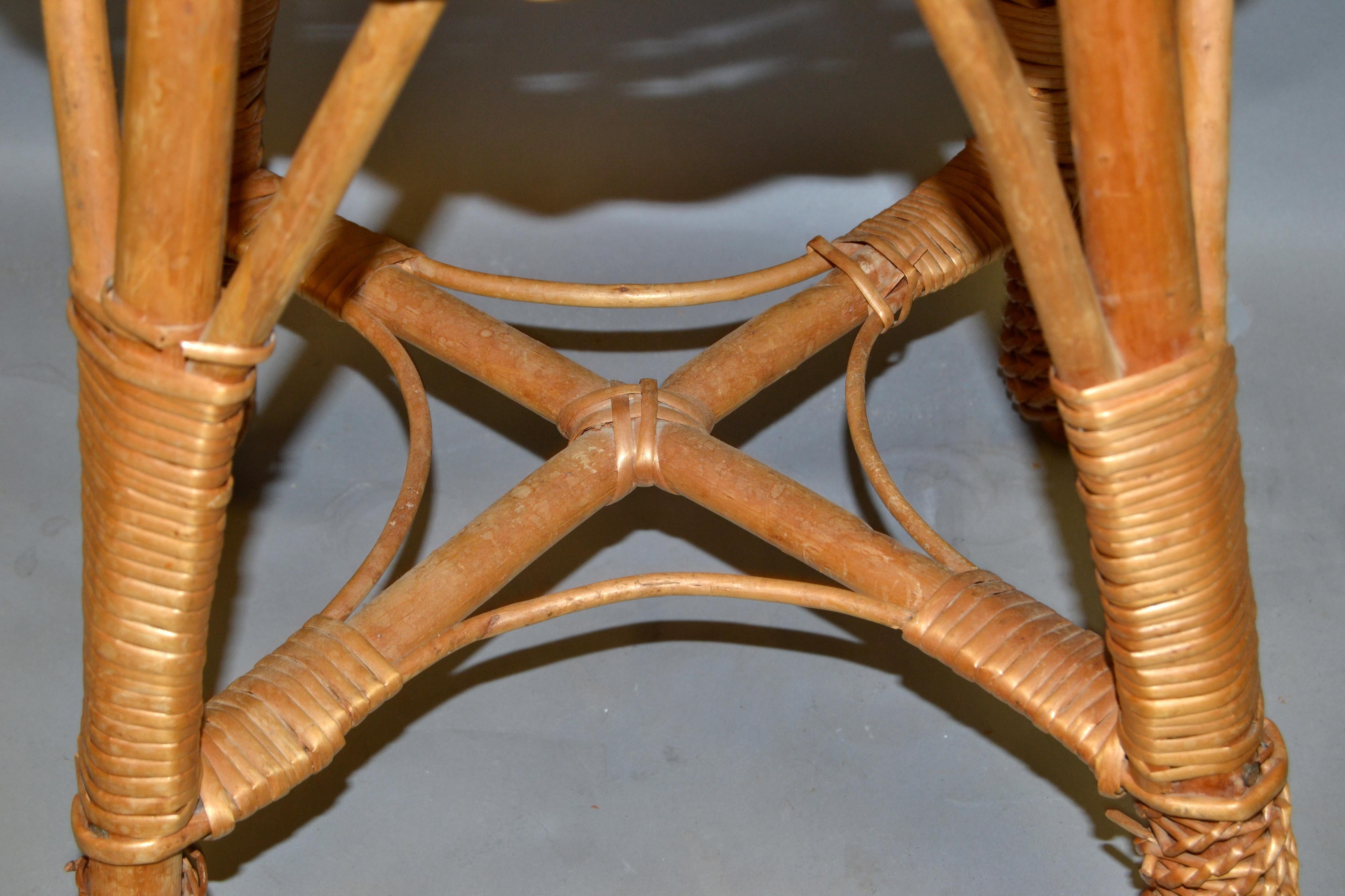 Vintage Midcentury Round Handwoven Rattan Cane Drum, Side, Drink Table Low Stool 1