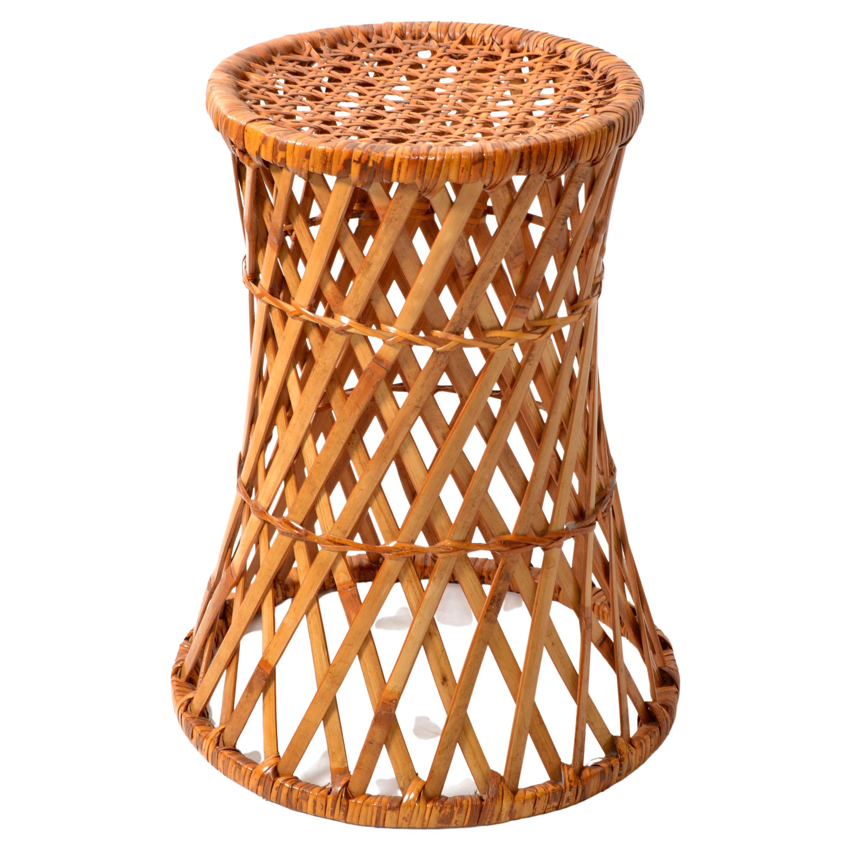 Vintage Midcentury Round Handwoven Rattan Cane Drum, Side, Drink Table Low Stool