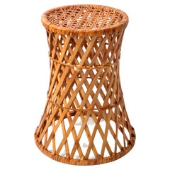 Retro Midcentury Round Handwoven Rattan Cane Drum, Side, Drink Table Low Stool