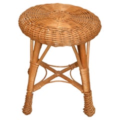 Vintage Midcentury Round Handwoven Rattan Cane Drum, Side, Drink Table Low Stool