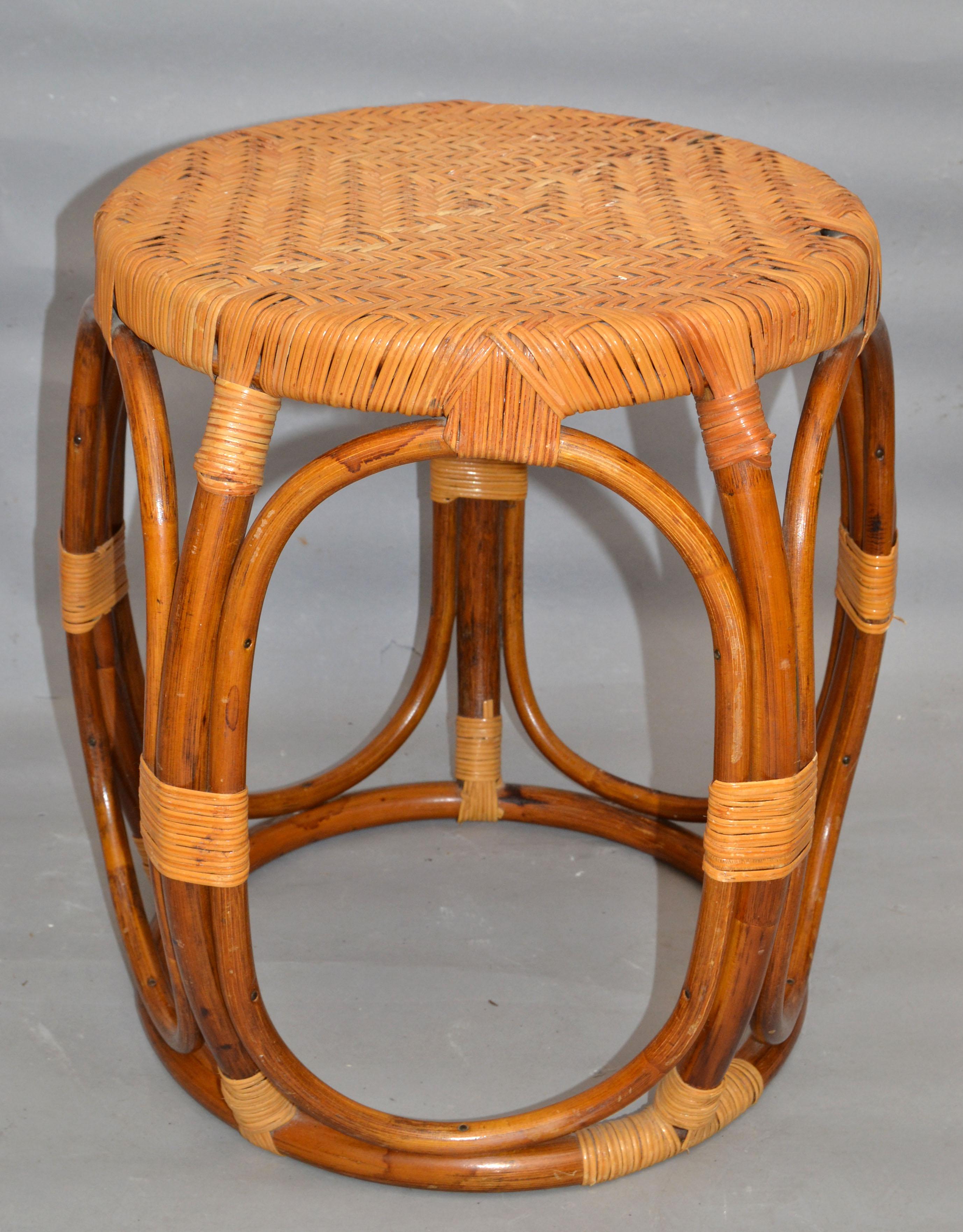 Vintage Midcentury Round Handwoven Rattan / Wicker Drum, Side, Drink Table Stool 2