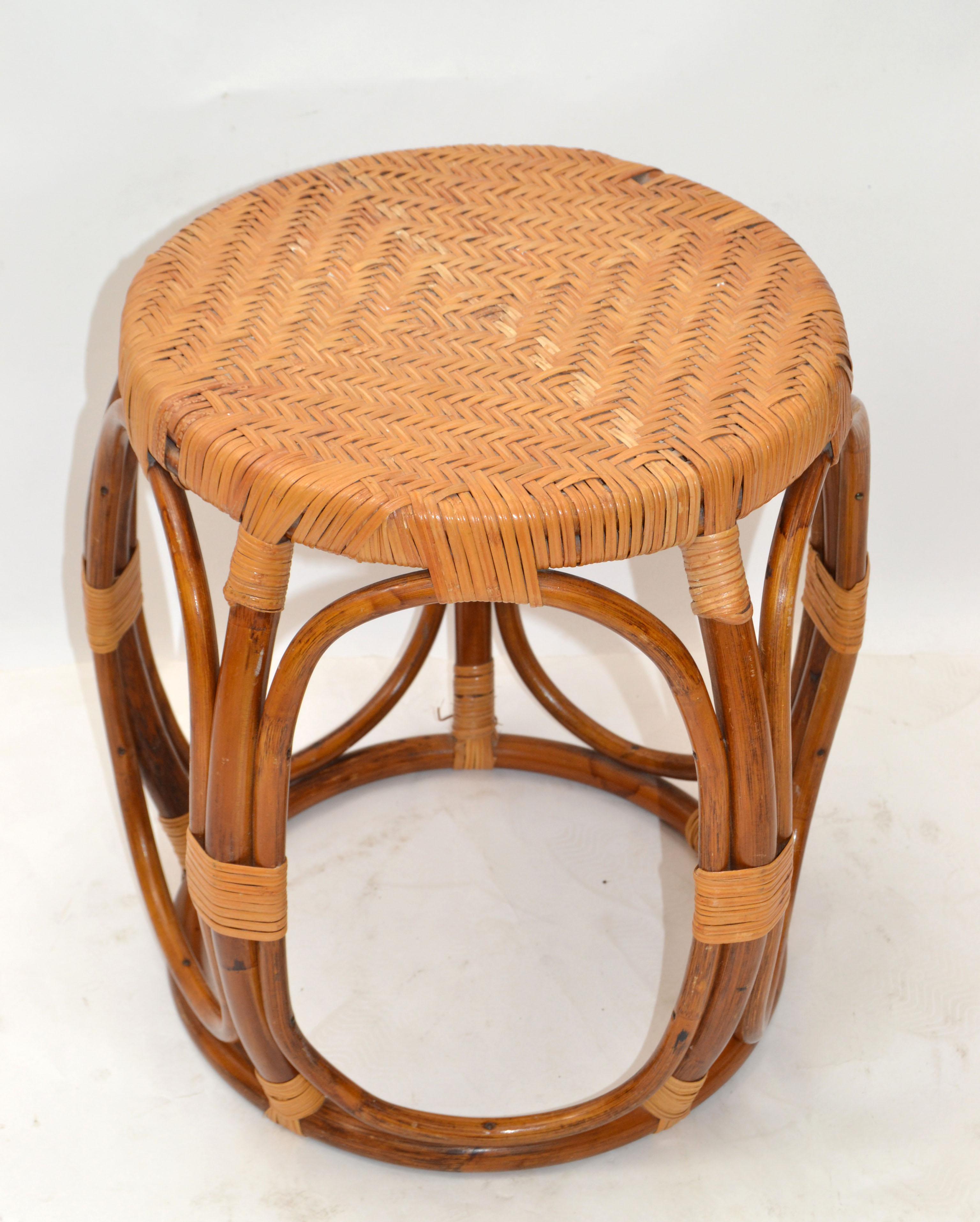 Vintage Midcentury Round Handwoven Rattan / Wicker Drum, Side, Drink Table Stool 3
