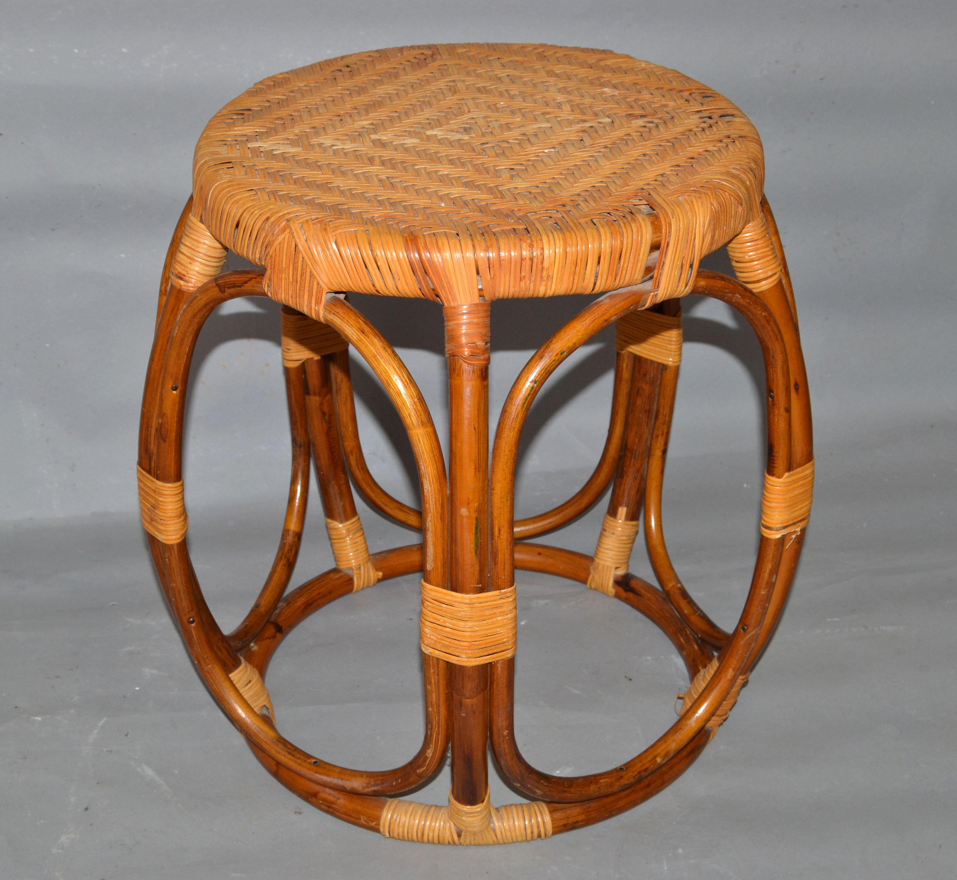 Vintage Midcentury Round Handwoven Rattan / Wicker Drum, Side, Drink Table Stool 4