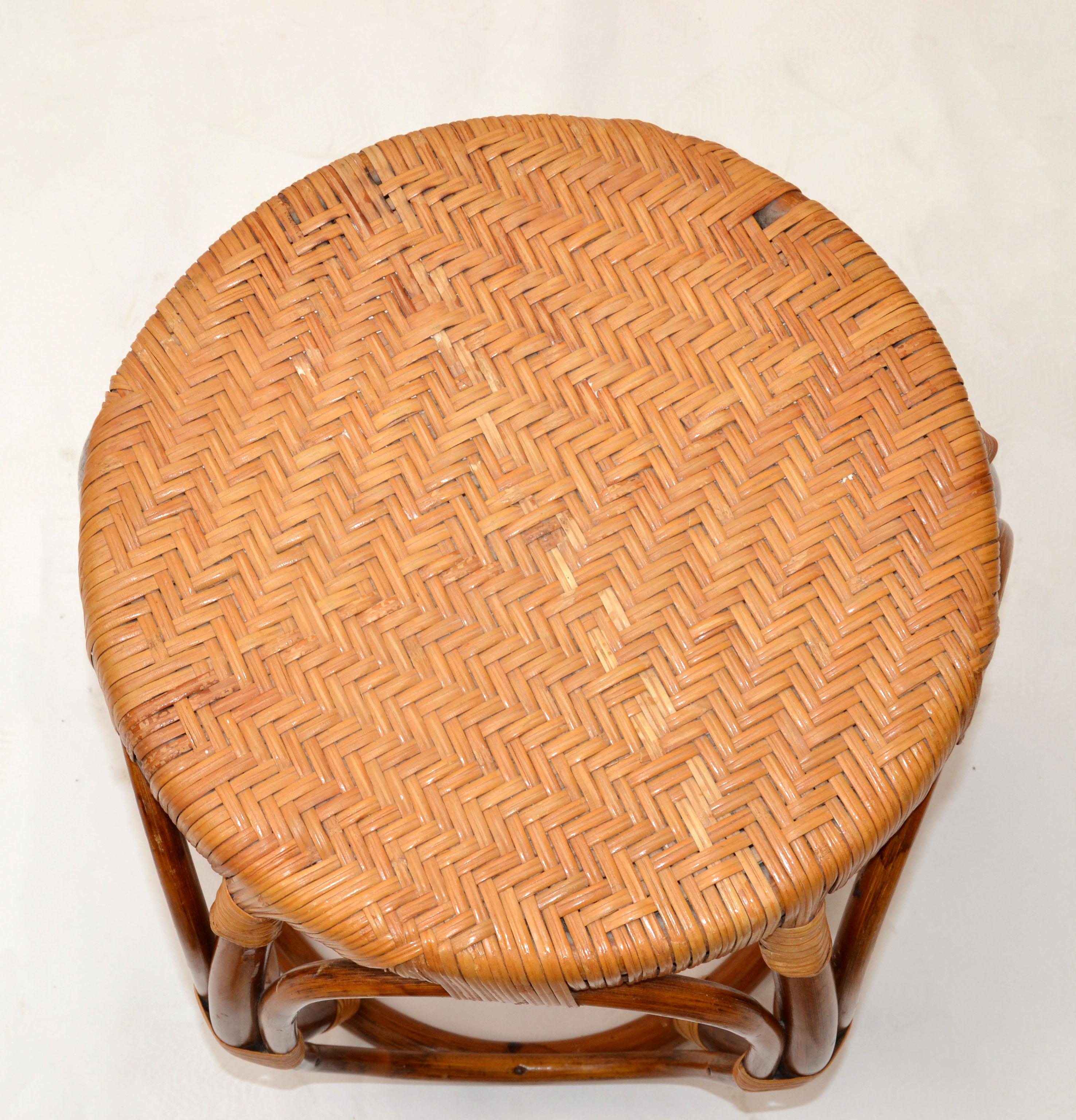 American Vintage Midcentury Round Handwoven Rattan / Wicker Drum, Side, Drink Table Stool