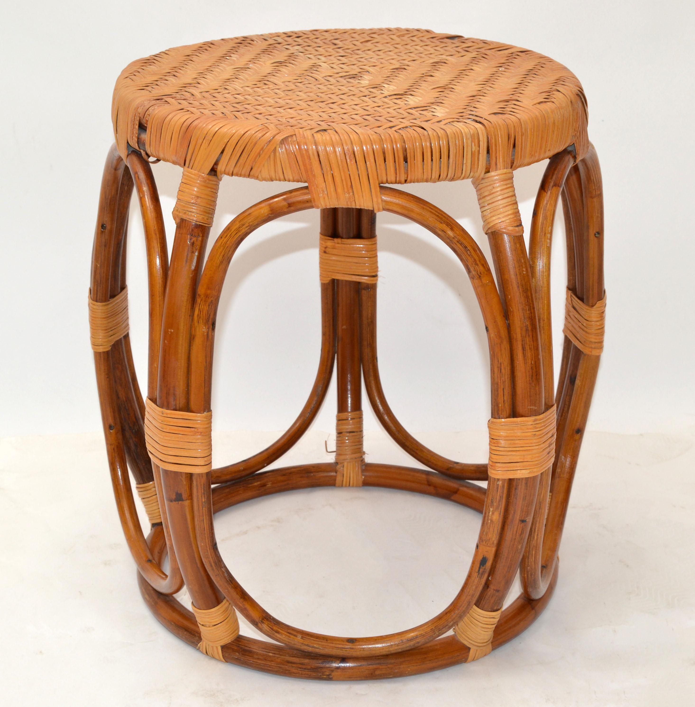 Hand-Woven Vintage Midcentury Round Handwoven Rattan / Wicker Drum, Side, Drink Table Stool