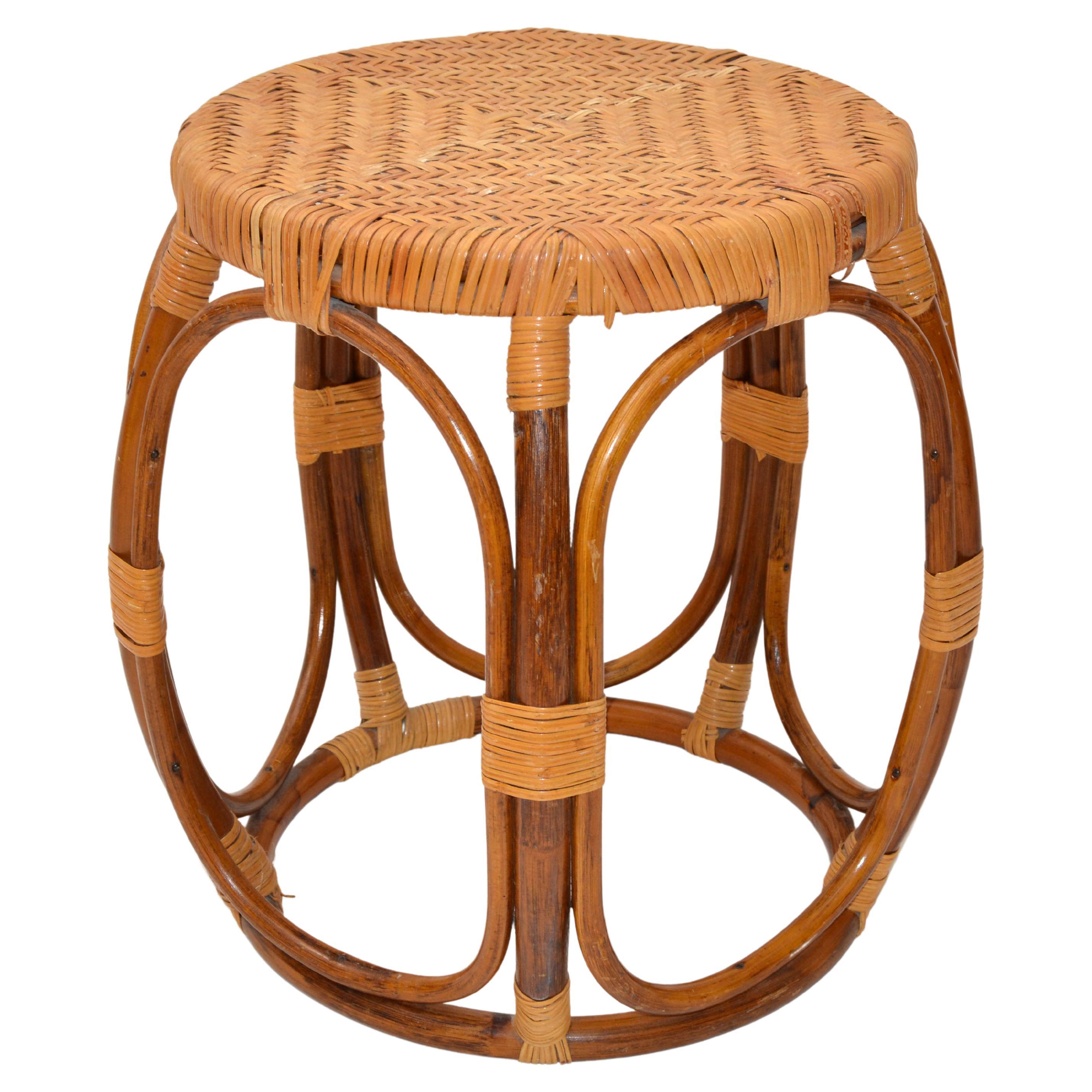 Vintage Midcentury Round Handwoven Rattan / Wicker Drum, Side, Drink Table Stool