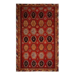 Vintage Midcentury Sarkisla Geometric Red and Brown Wool Kilim Rug
