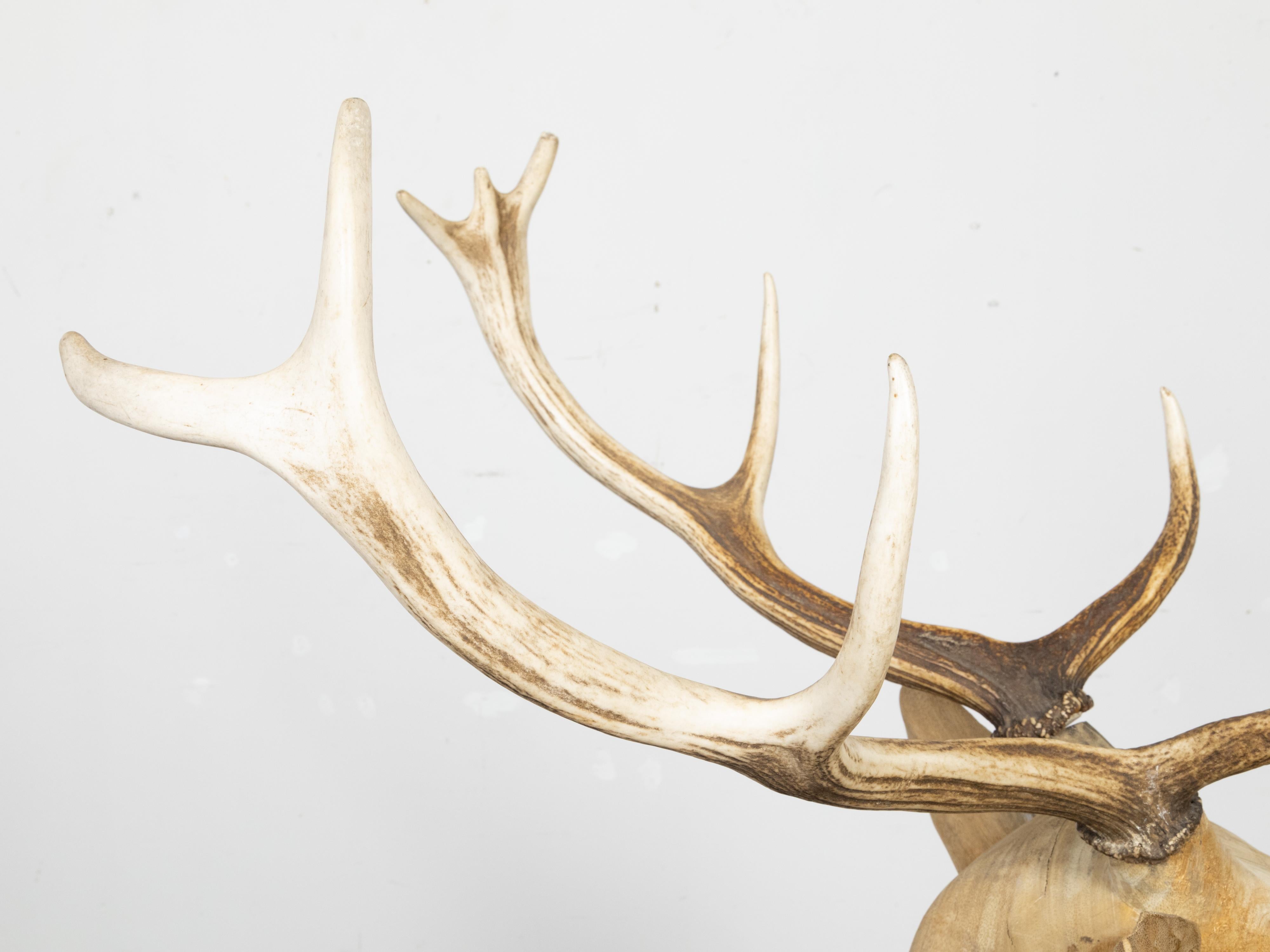 Vintage Midcentury Sculpture of a Walking Stag with Antlers and Natural Patina For Sale 4